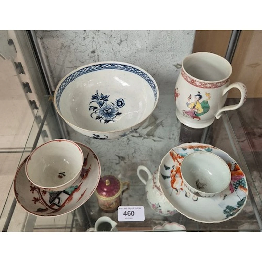 18th century porcelain including large mug, two cups and sau...