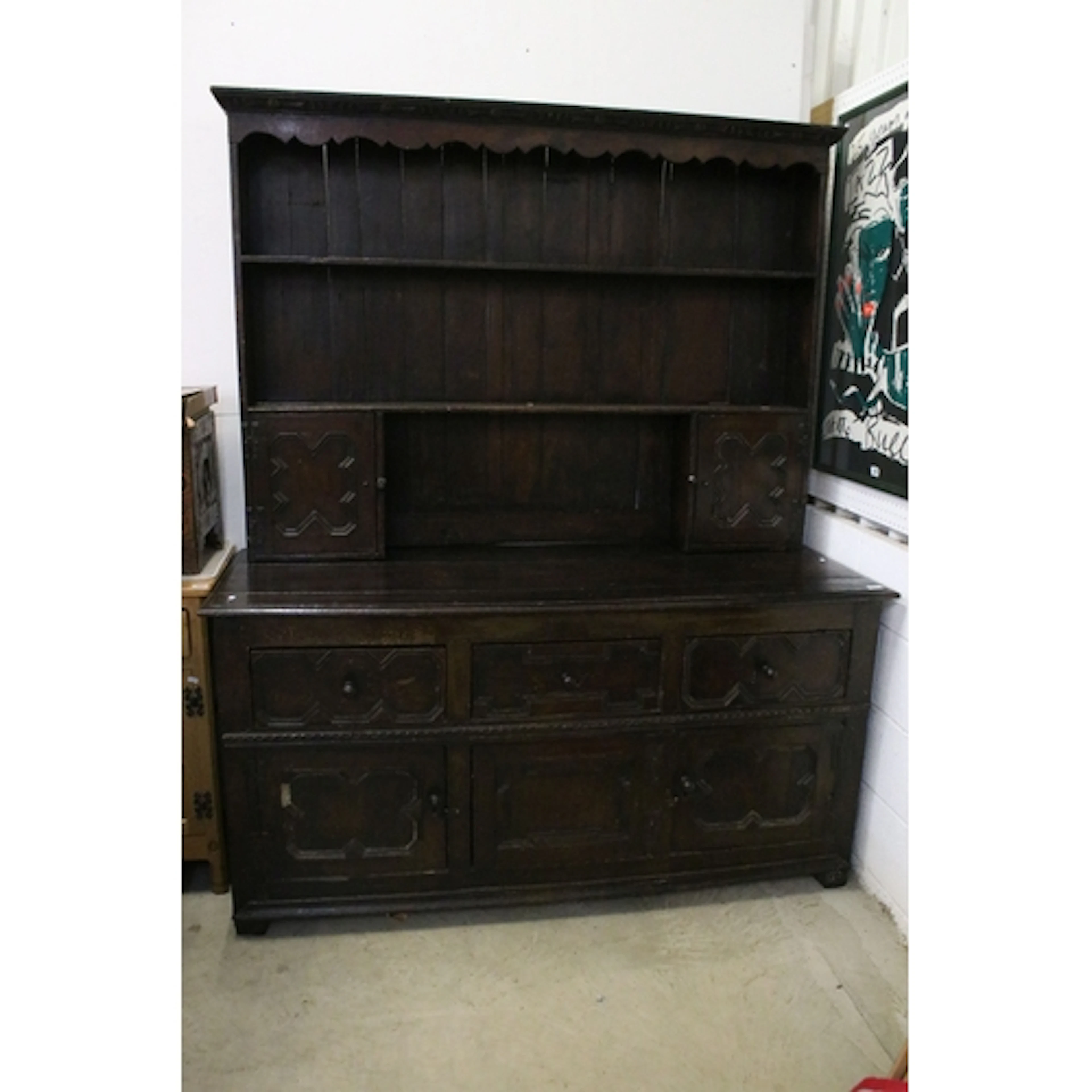 19th century oak dresser, with carved cornice above an arran...