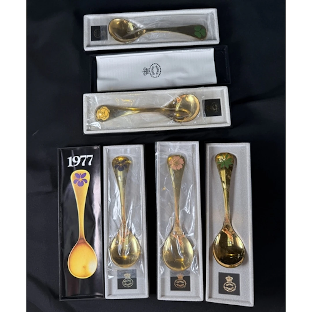 George Jensen: Five gold plated Sterling silver year spoons ...