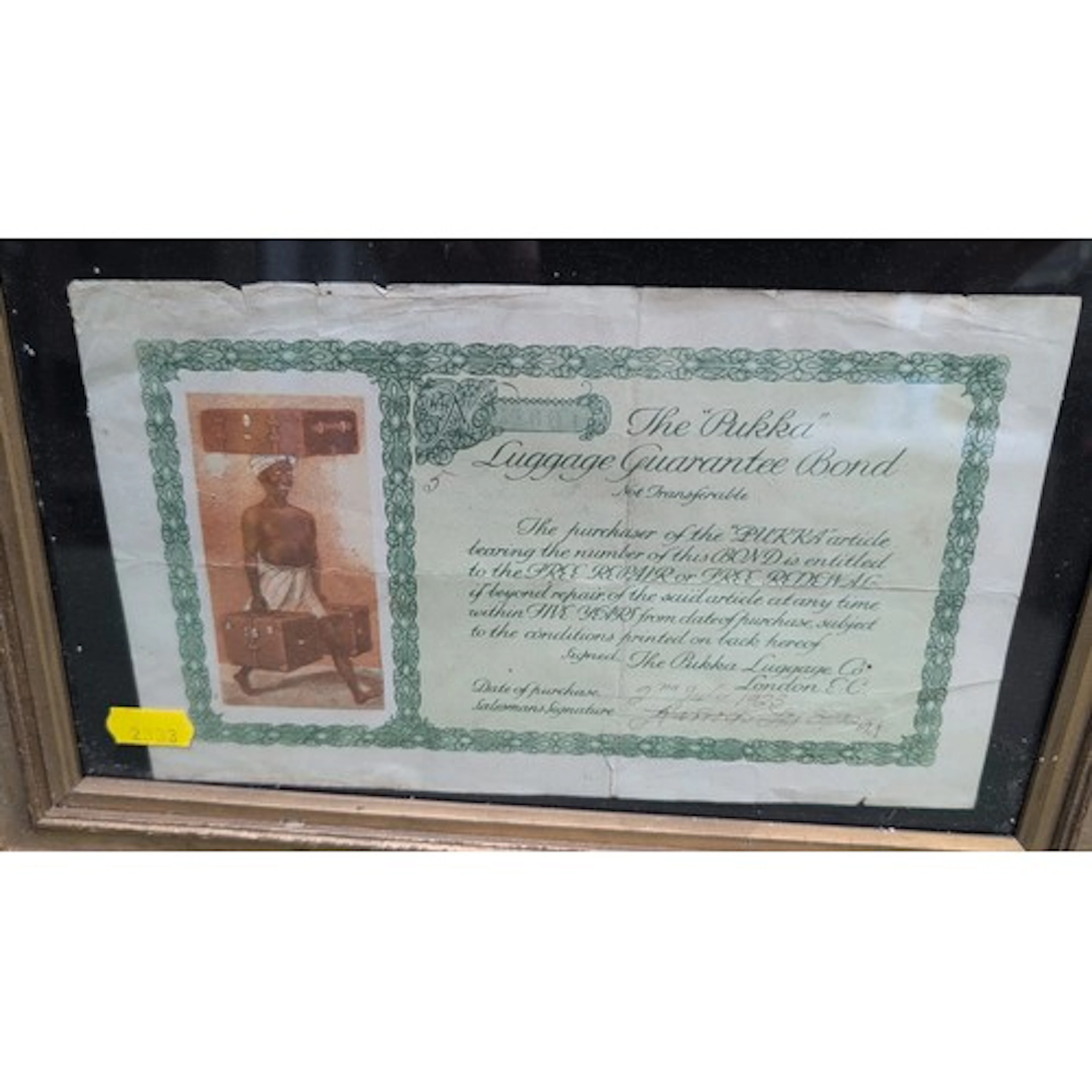 Framed printed “The ‘Pukka’ Luggage Guarantee Bond”, London ...