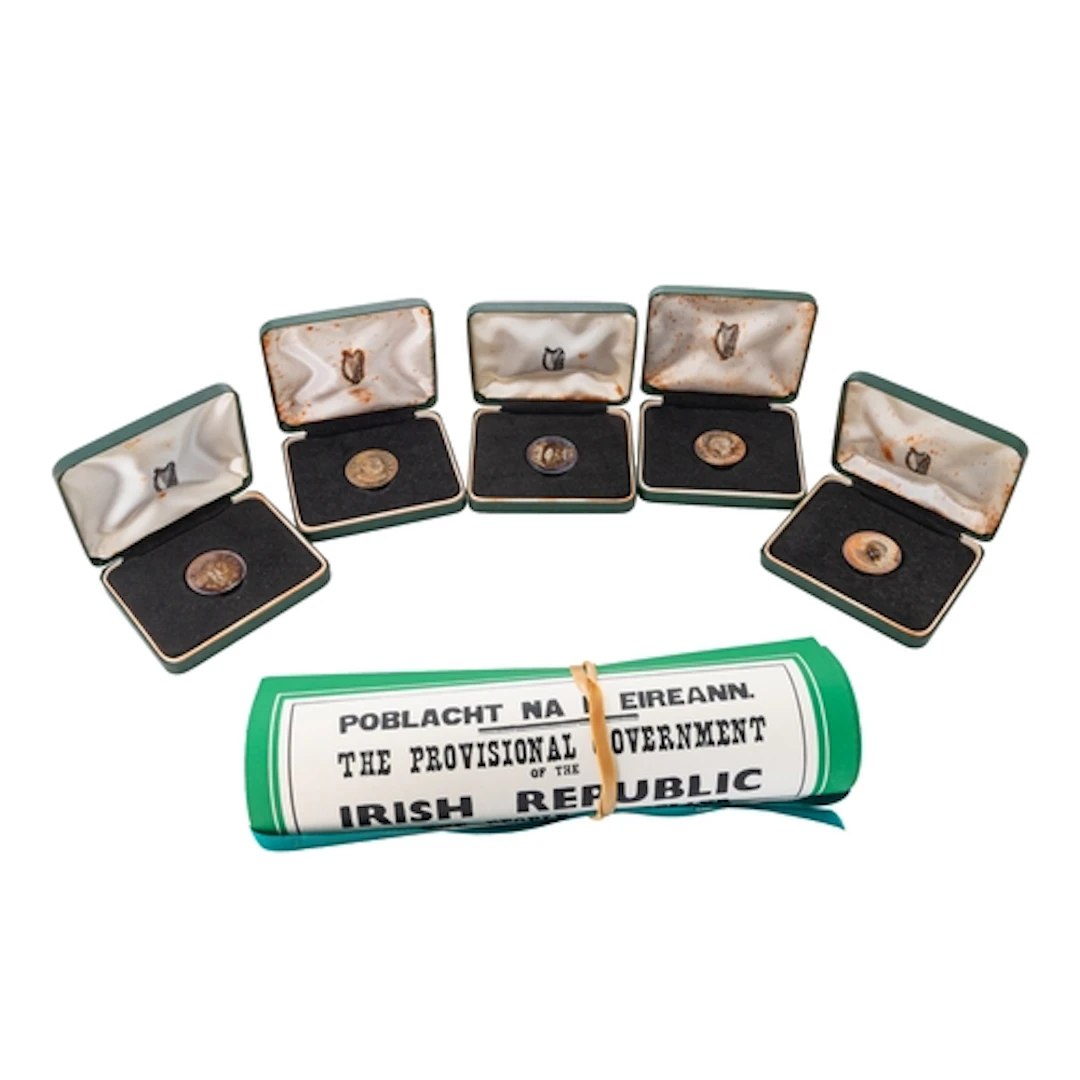 5 X 1966 IRISH PEARSE TONED PROOF SILVER COINS, boxed, but s...