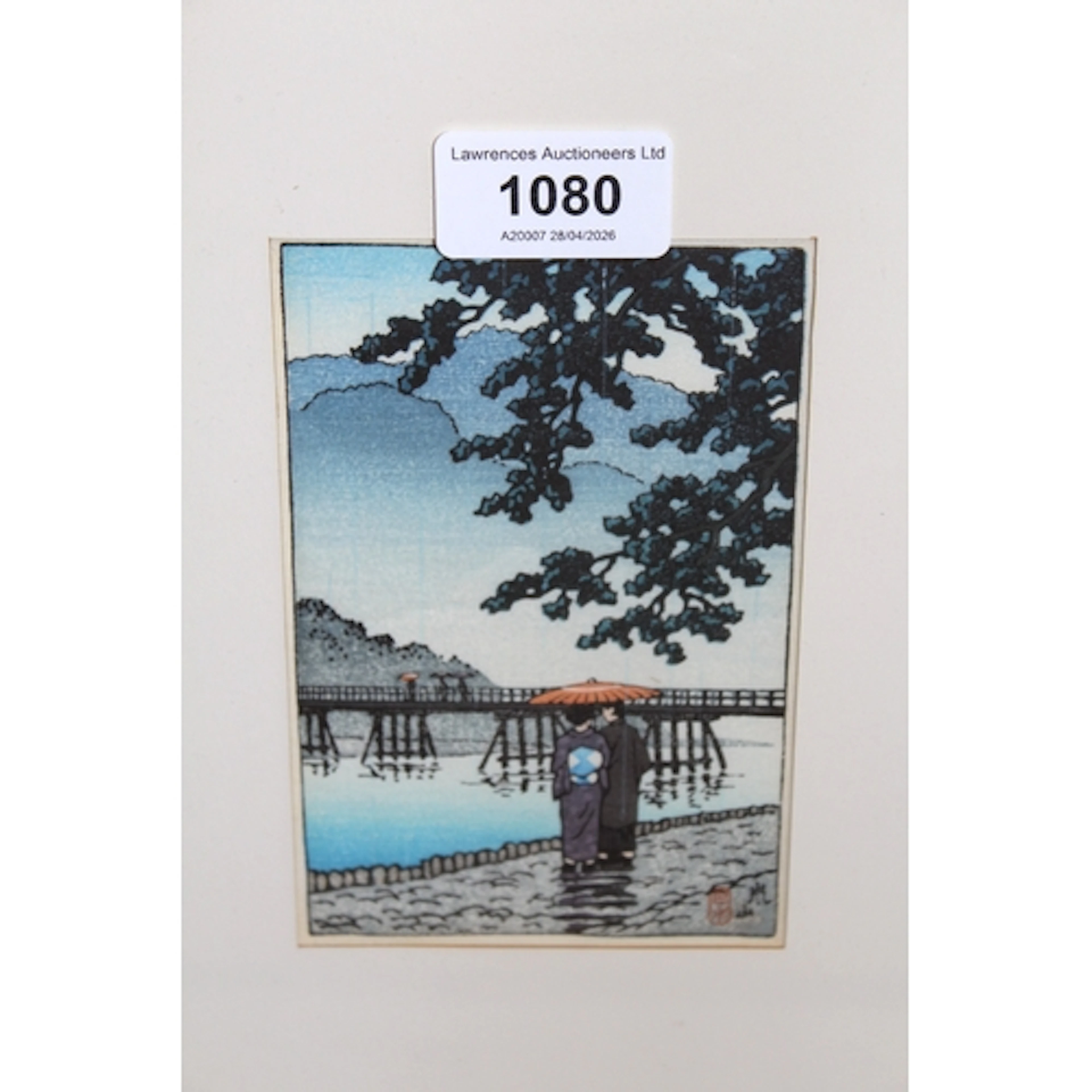 Hasui Kawase woodblock print, ' Light rain at Arashiyama ', ...