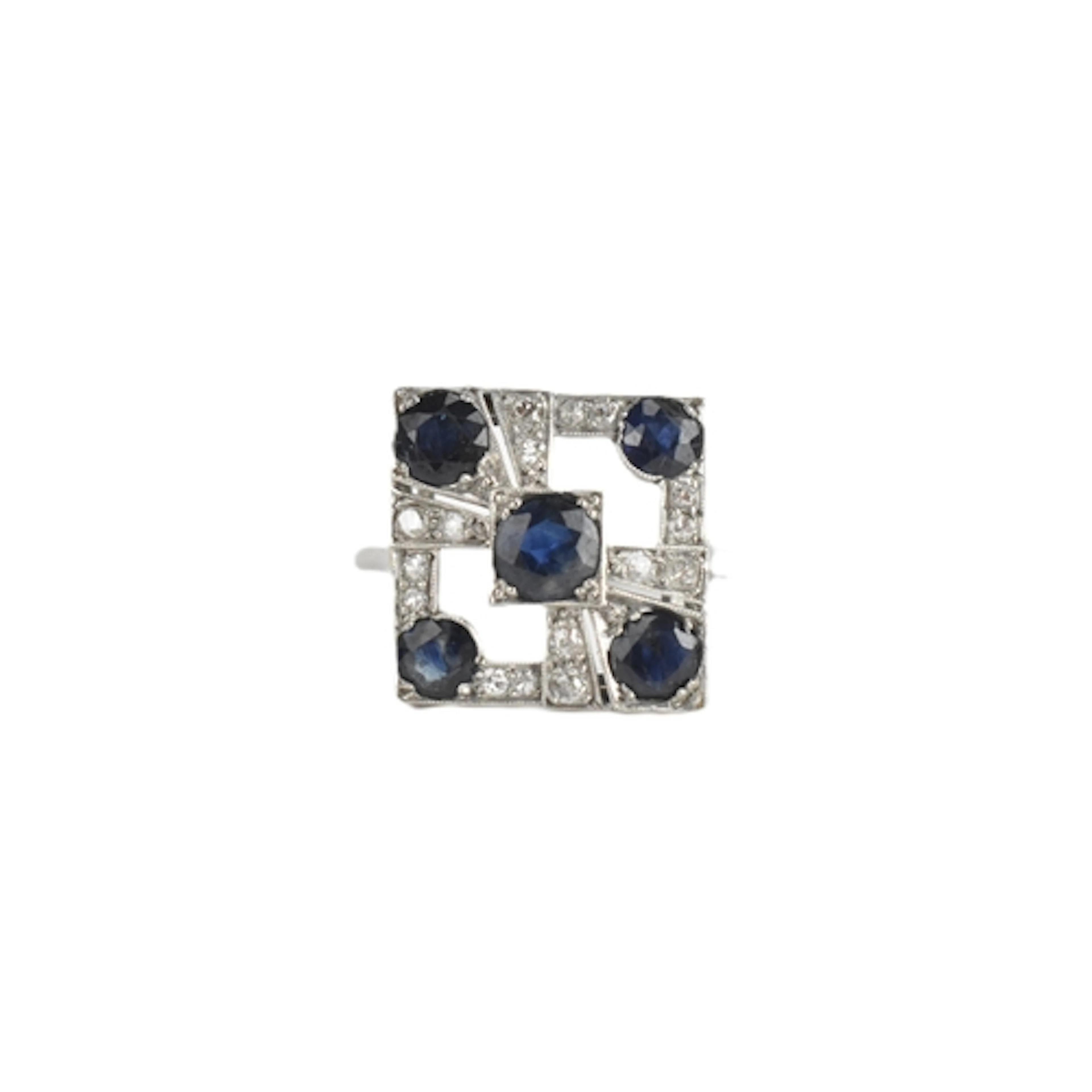 An Art Deco sapphire and diamond platinum ring, the openwork...
