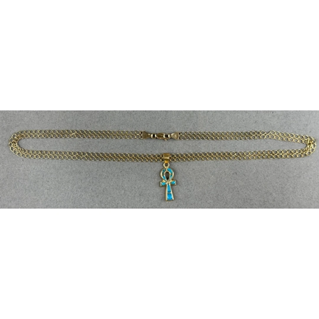 Jewellery: a 9ct gold open link necklace with turquoise set ...