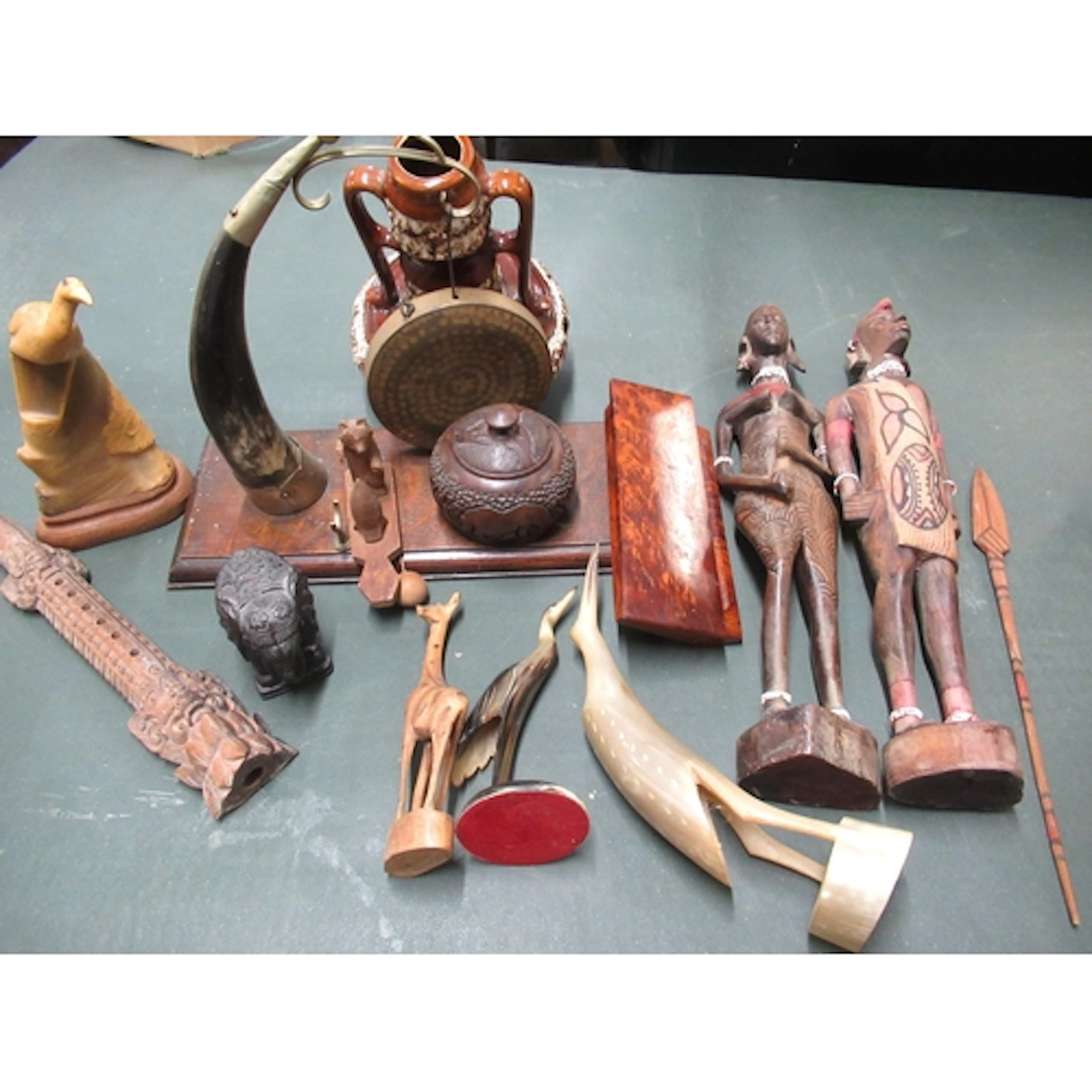 Two carved African figures, a gong on oak stand and a quanti...