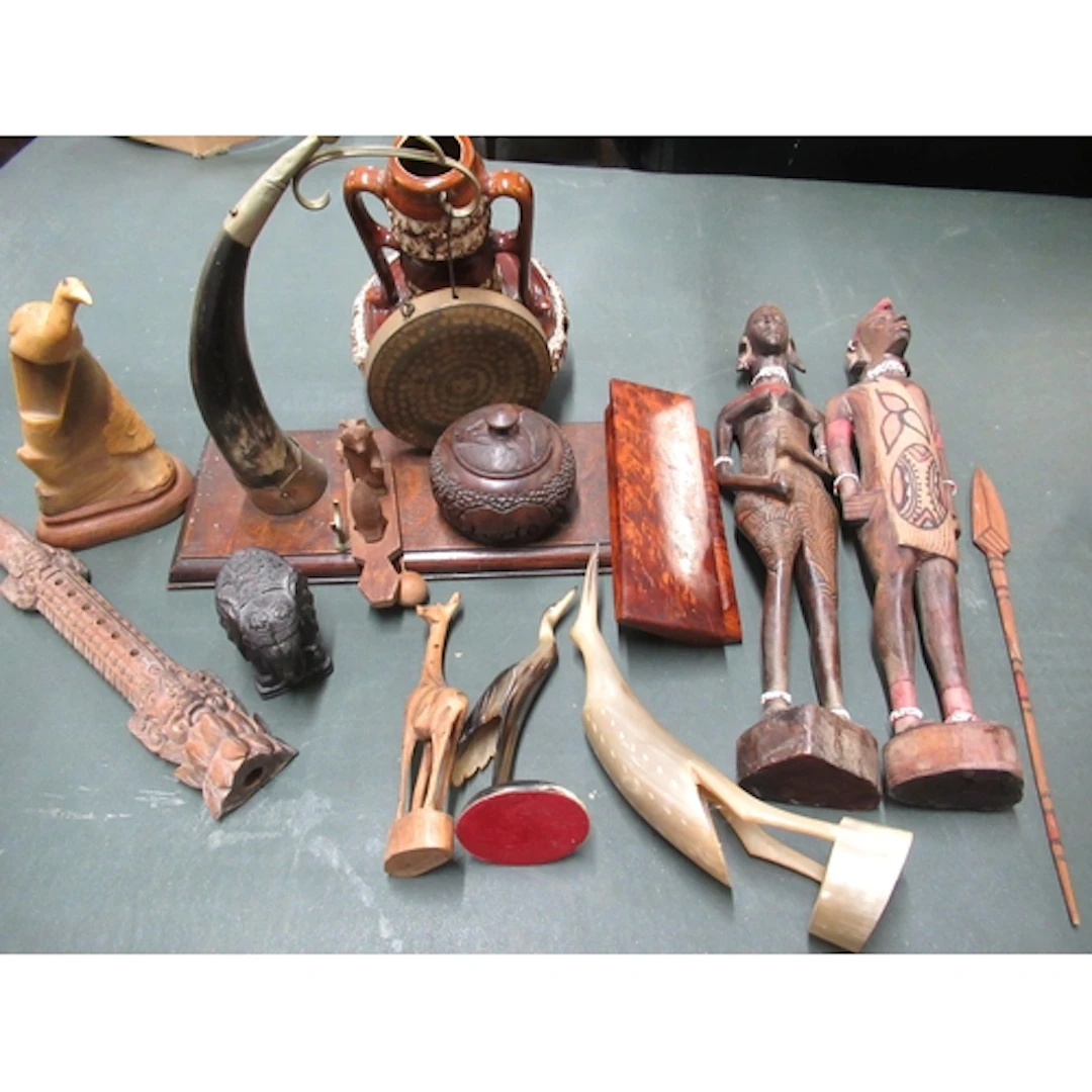 Two carved African figures, a gong on oak stand and a quanti...