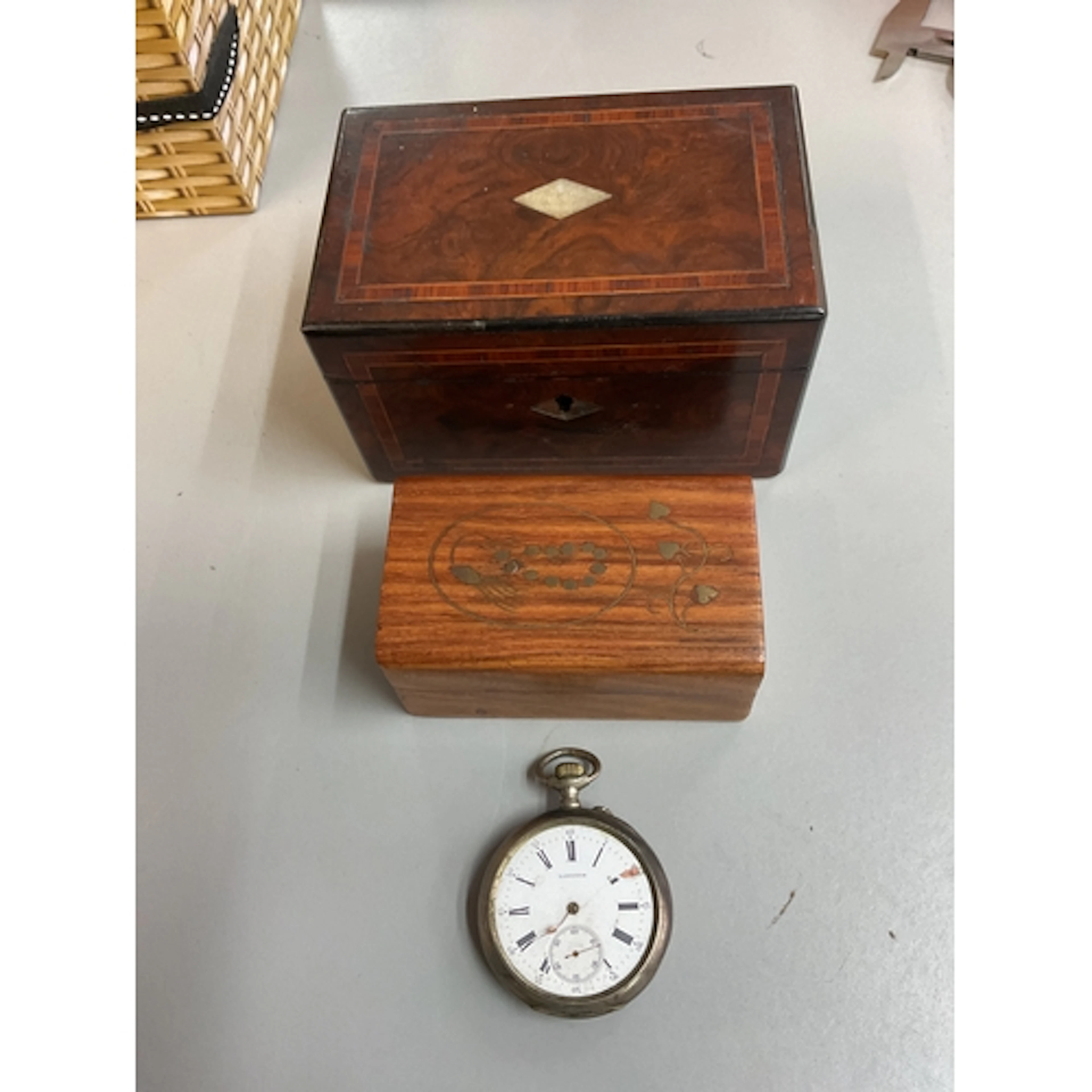 Longines pocket watch a/f and two vintage boxes.