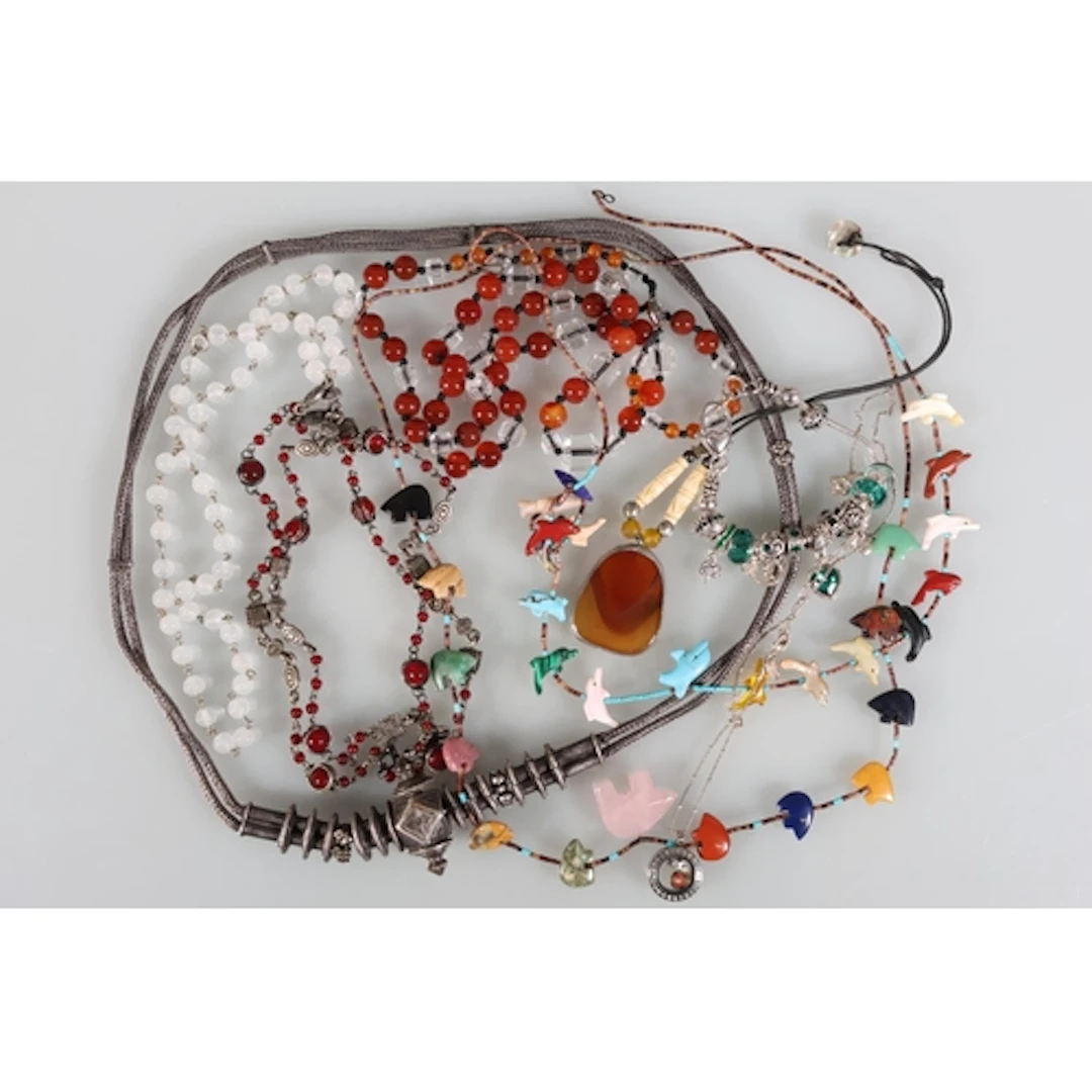 Tibetan or African style white metal necklace, hardstone dol...