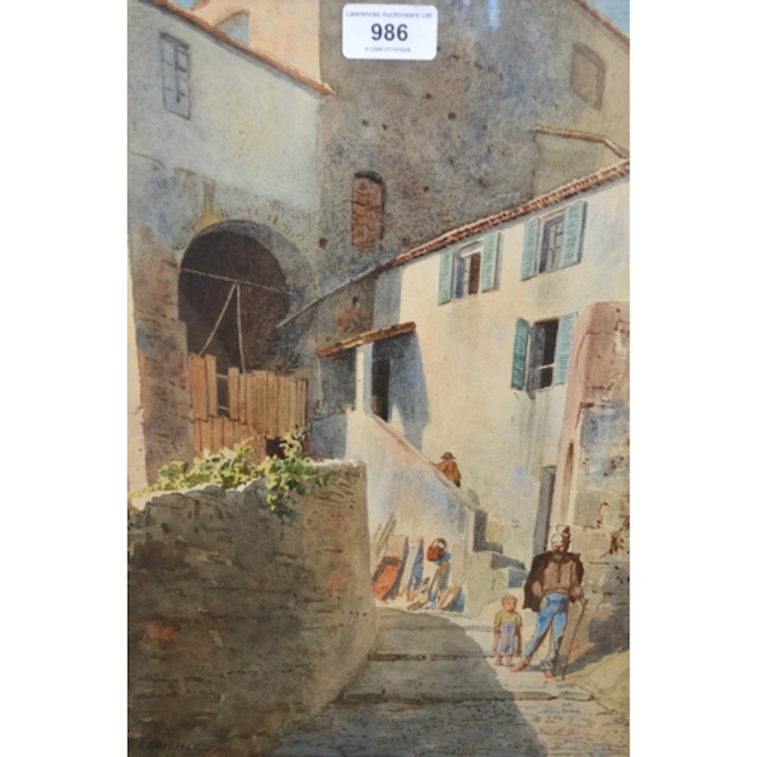 Watercolour, figures in a Continental street, together with ...