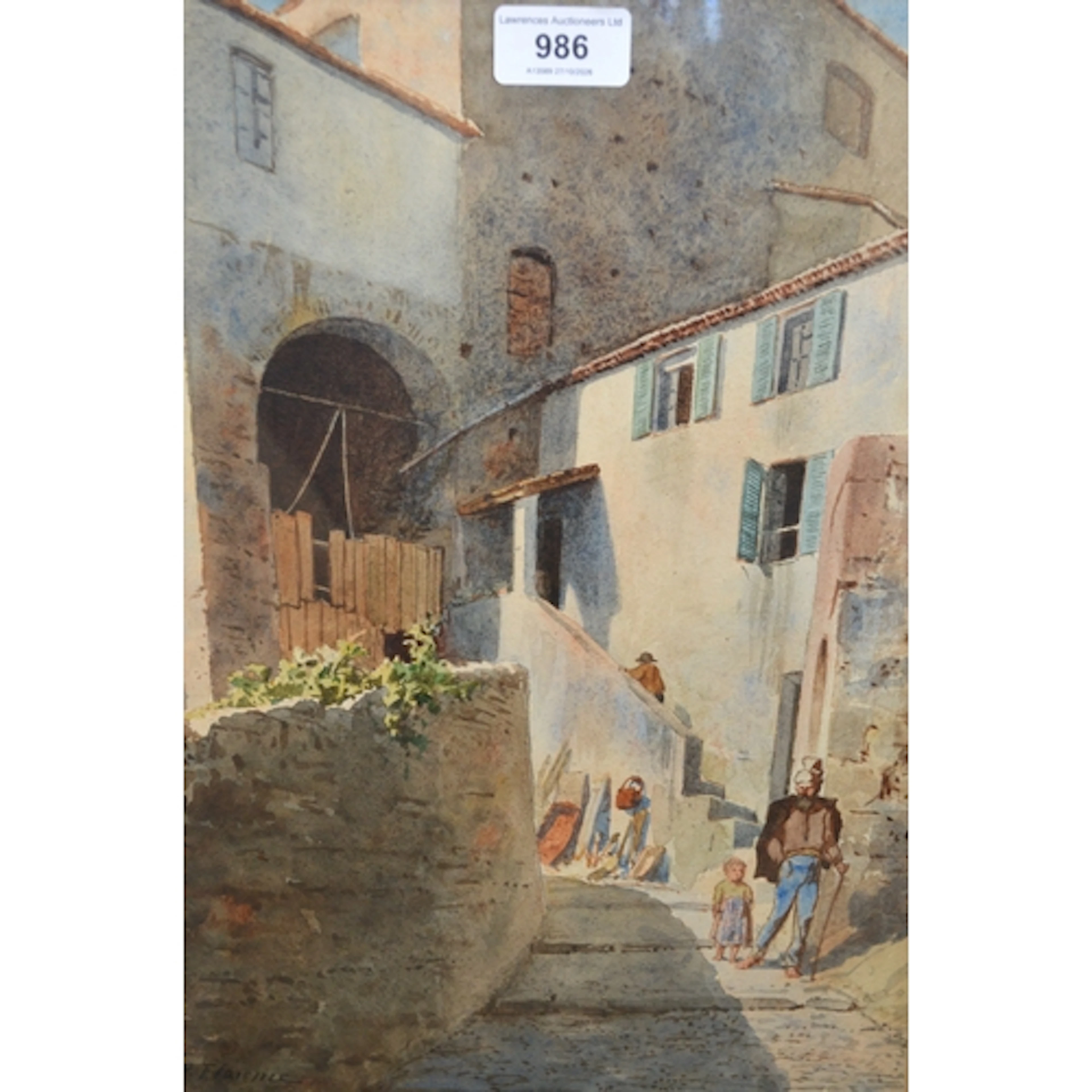 Watercolour, figures in a Continental street, together with ...