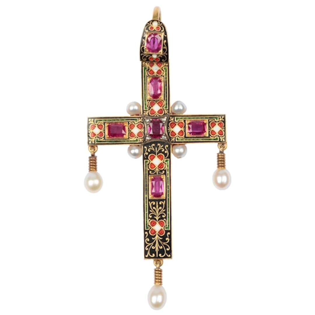 A fine Victorian Renaissance Revival-style pearl, ruby and e...
