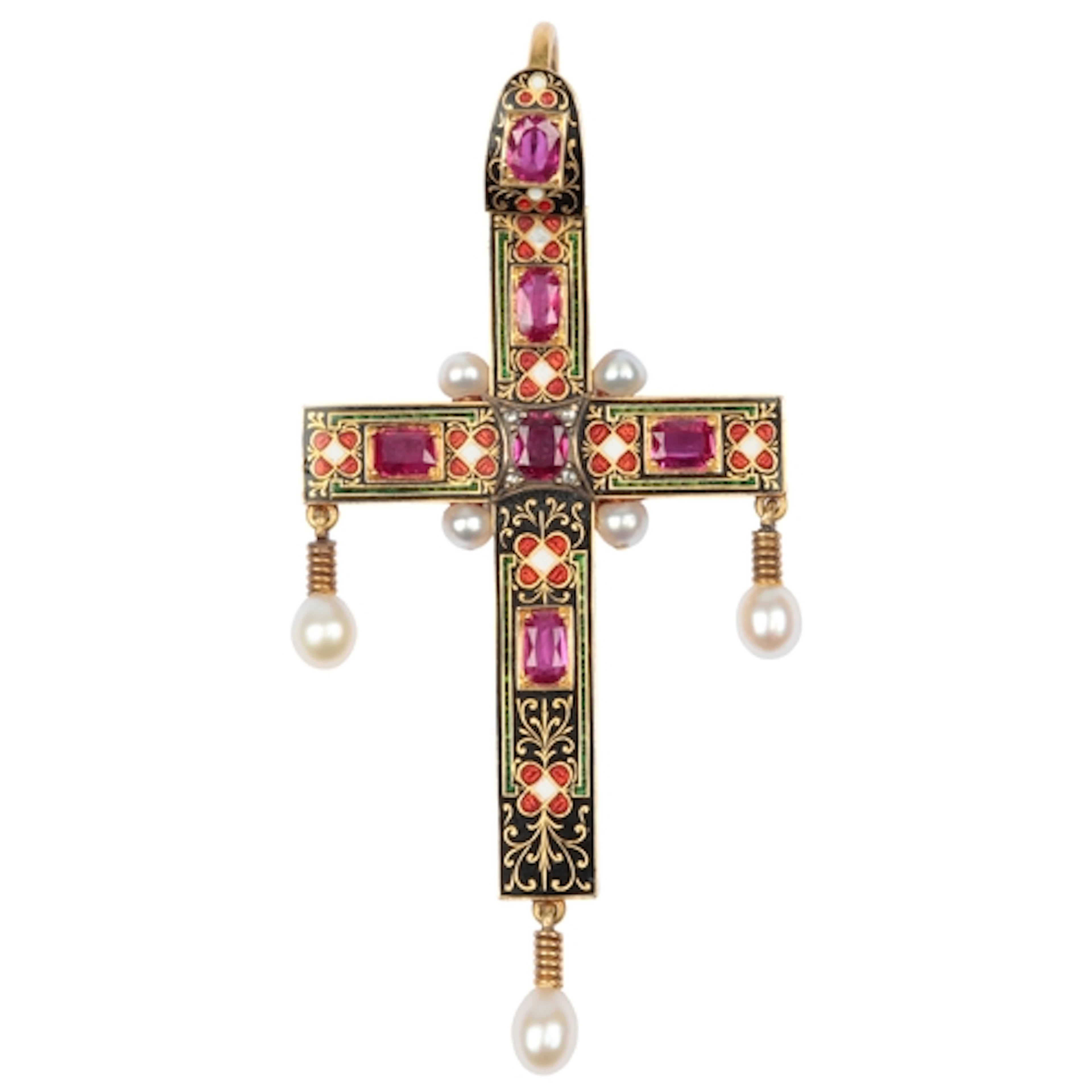 A fine Victorian Renaissance Revival-style pearl, ruby and e...
