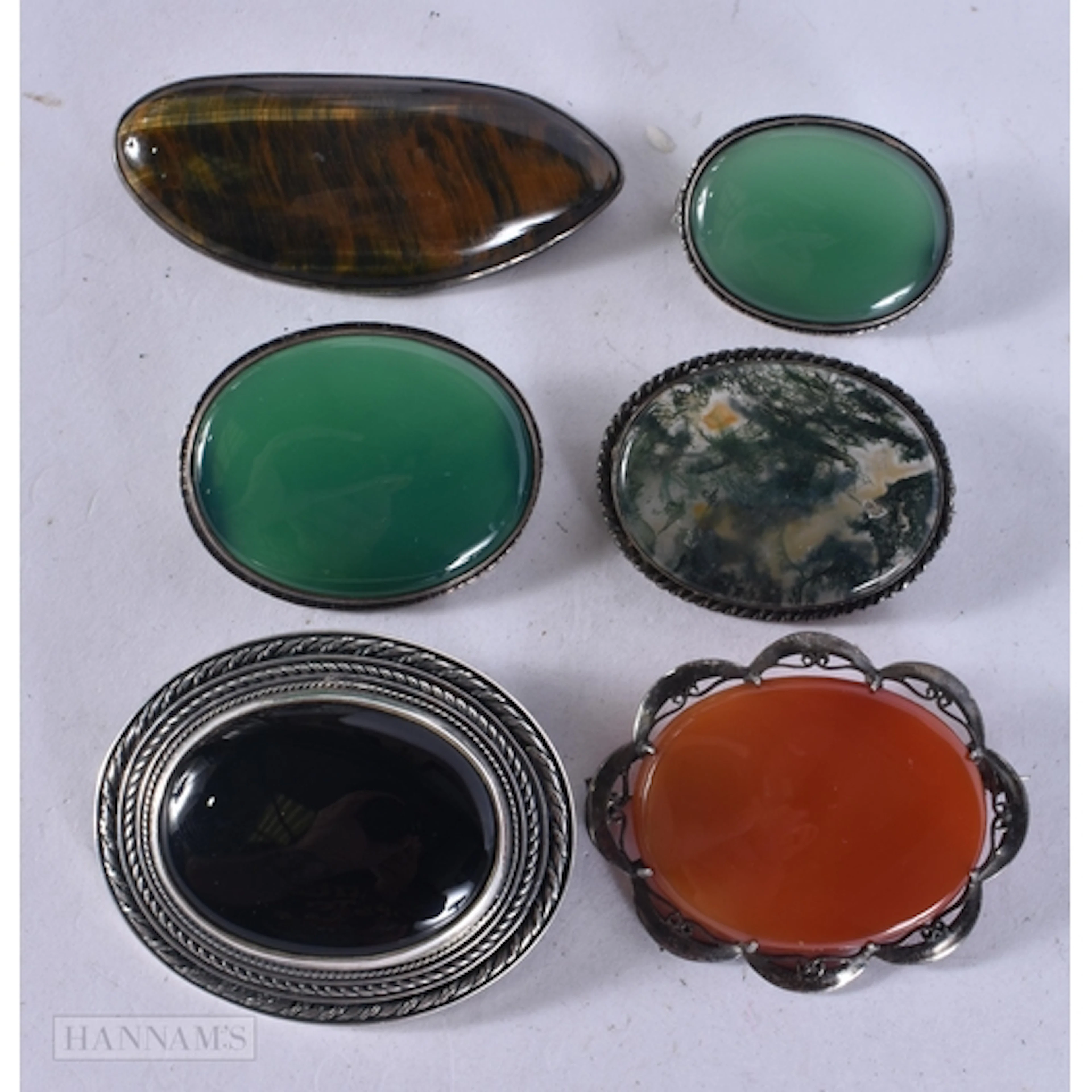Six Sterling Silver Gemstone Brooches inc. Moss Agate, Carne...