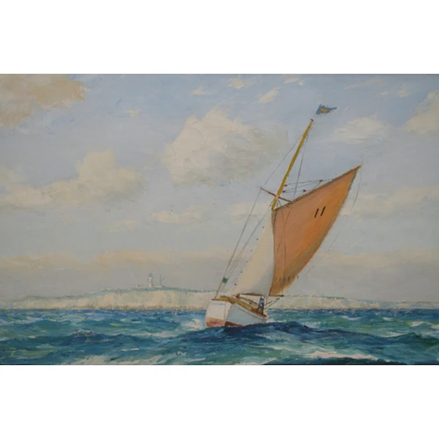 Tom Lewsey, oil on canvas, sailing boat off the coast with d...
