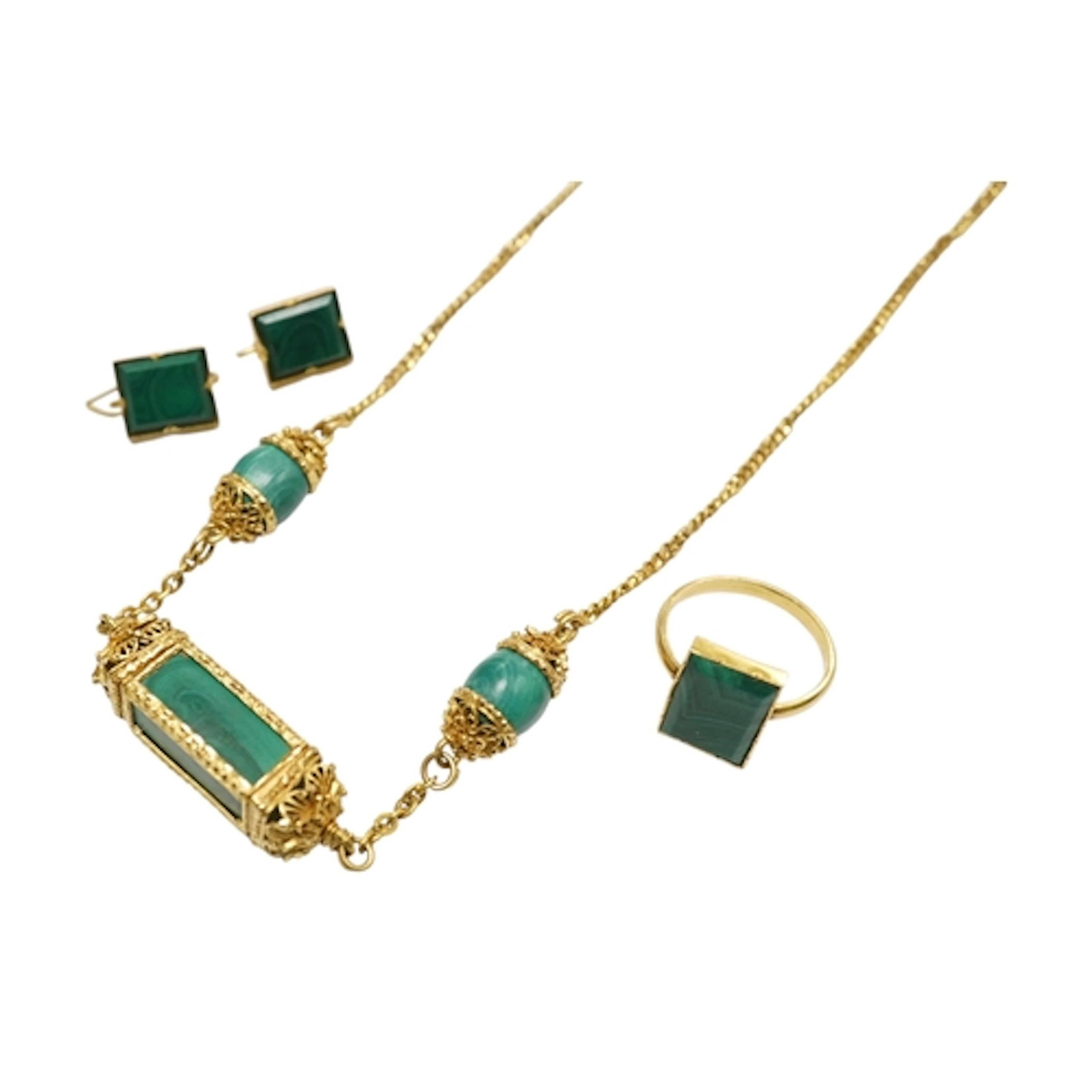 A gold and malachite demi-parure and necklace, comprising: a...