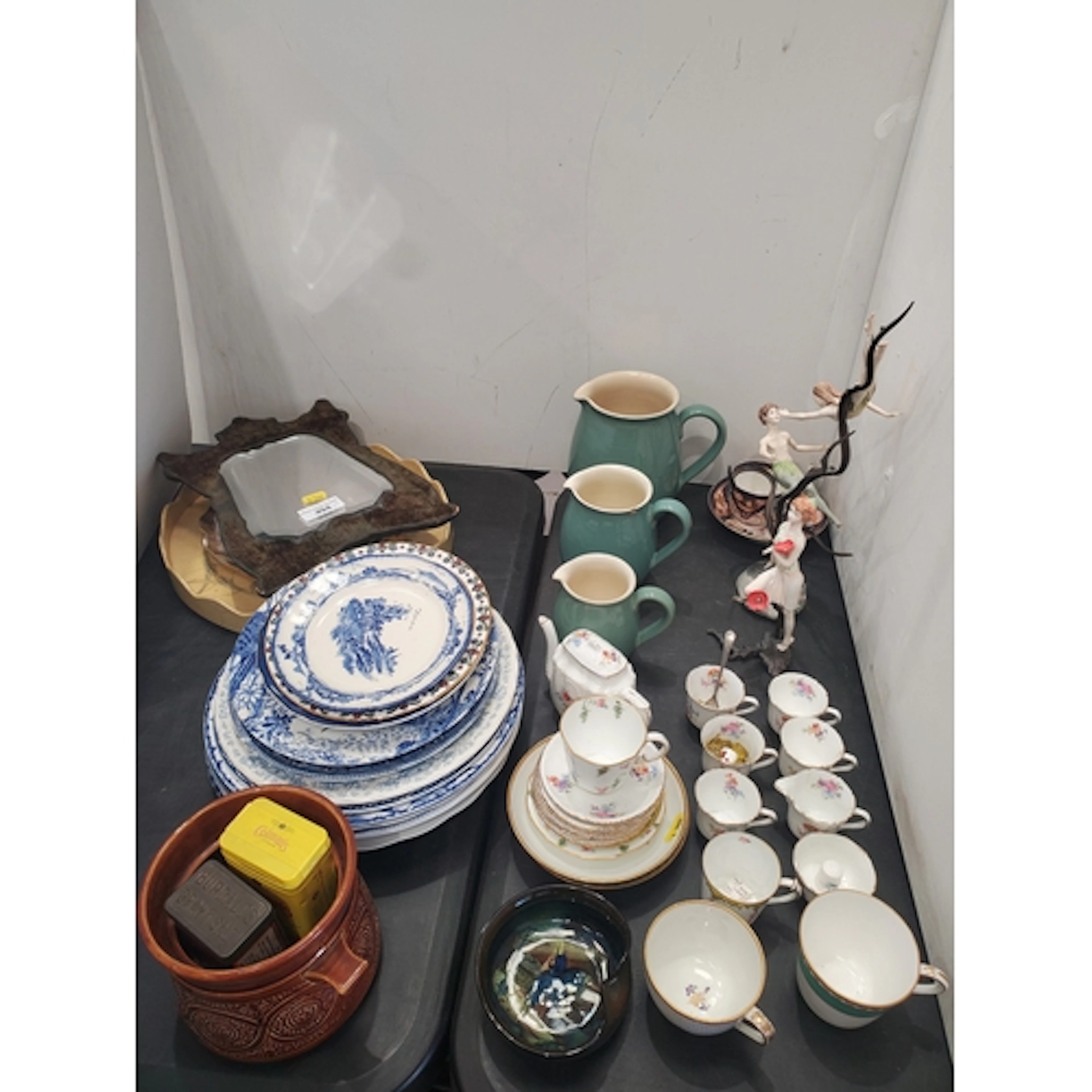 A plush framed Easel Mirror, Royal Crown Derby Cups and Sauc...