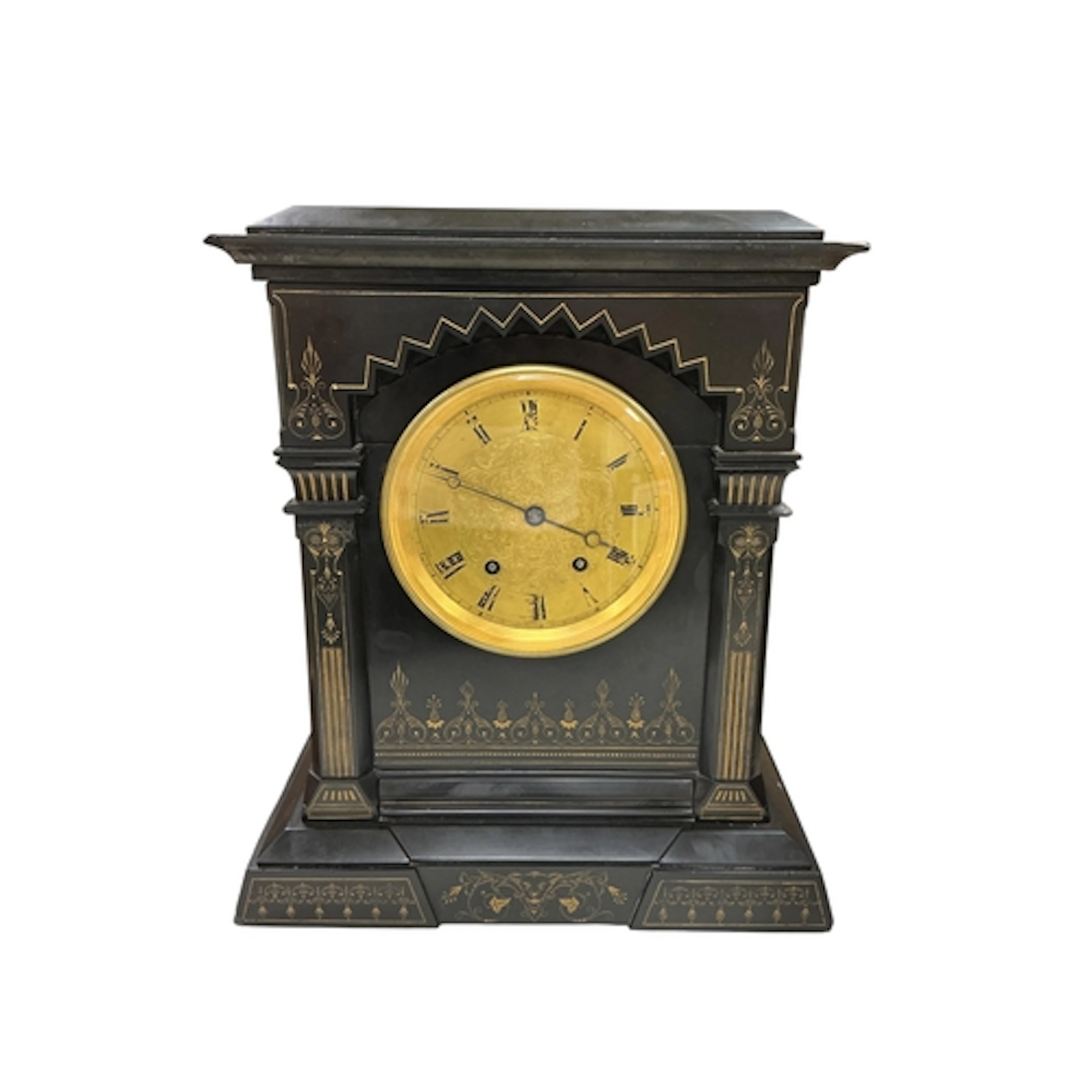 A late Victorian aesthetic movement black slate mantel clock...