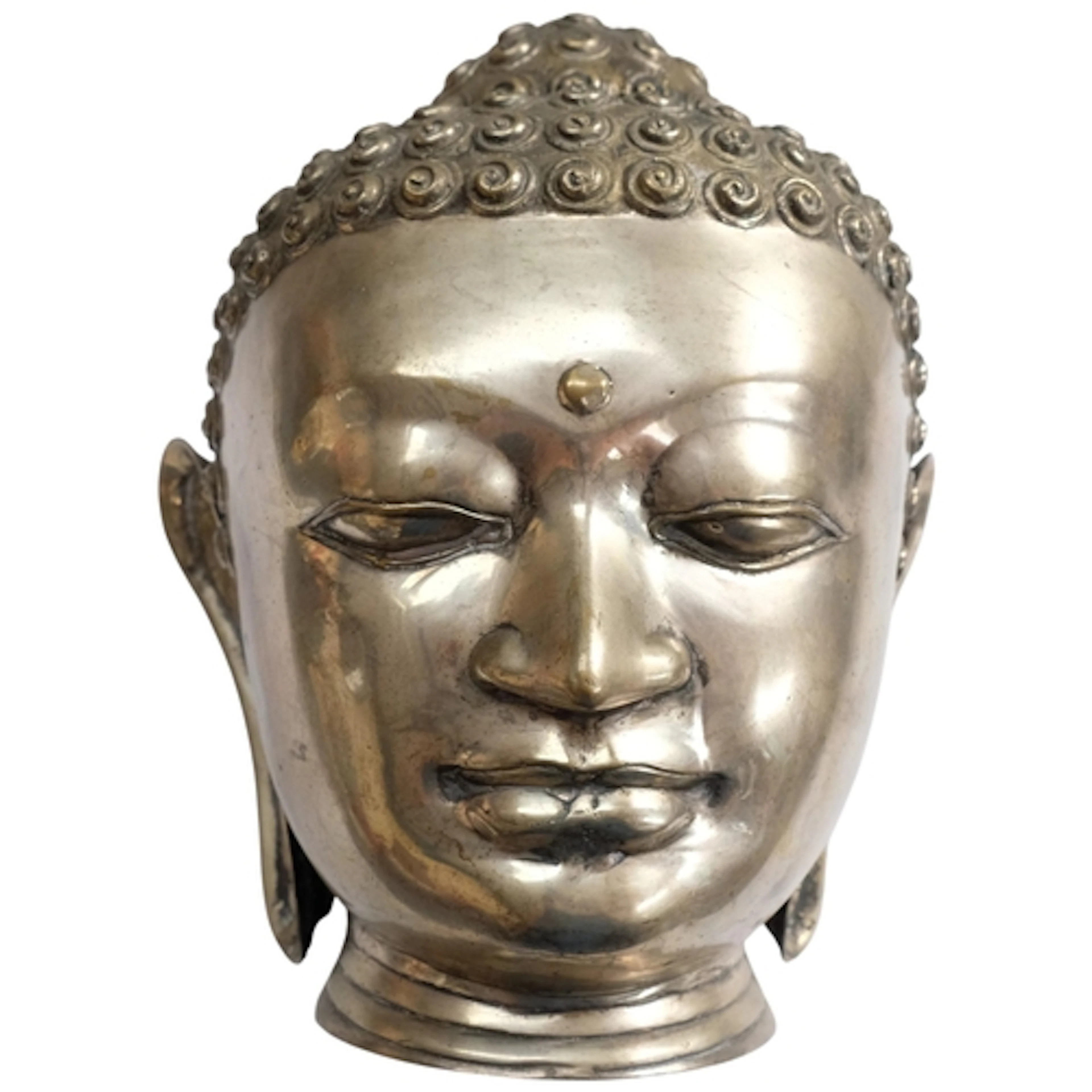 A contemporary cast metal Buddha Head sculpture, H33cm.