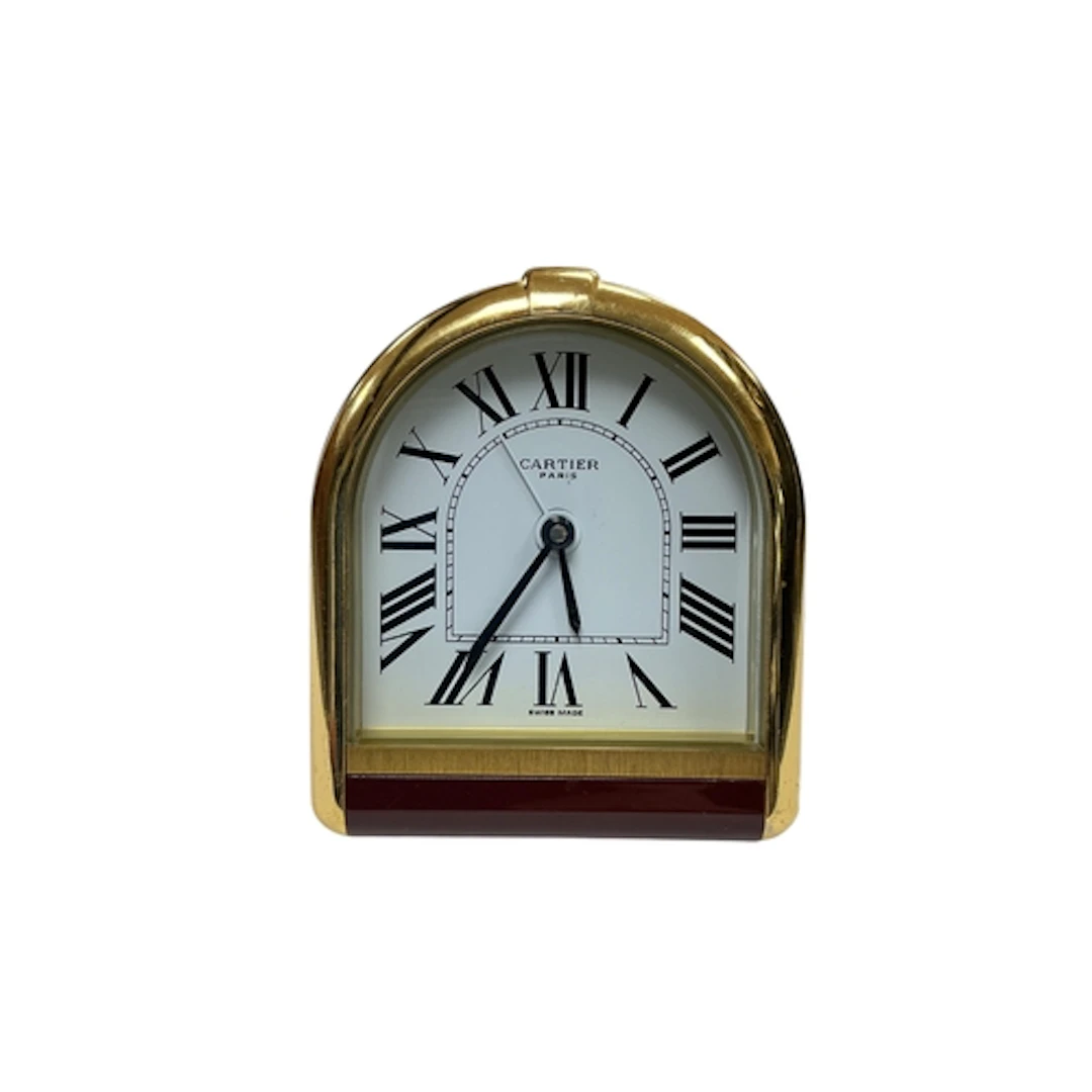A Cartier Romane travel clock, no. 103028, 8.5 x 7.5cm....