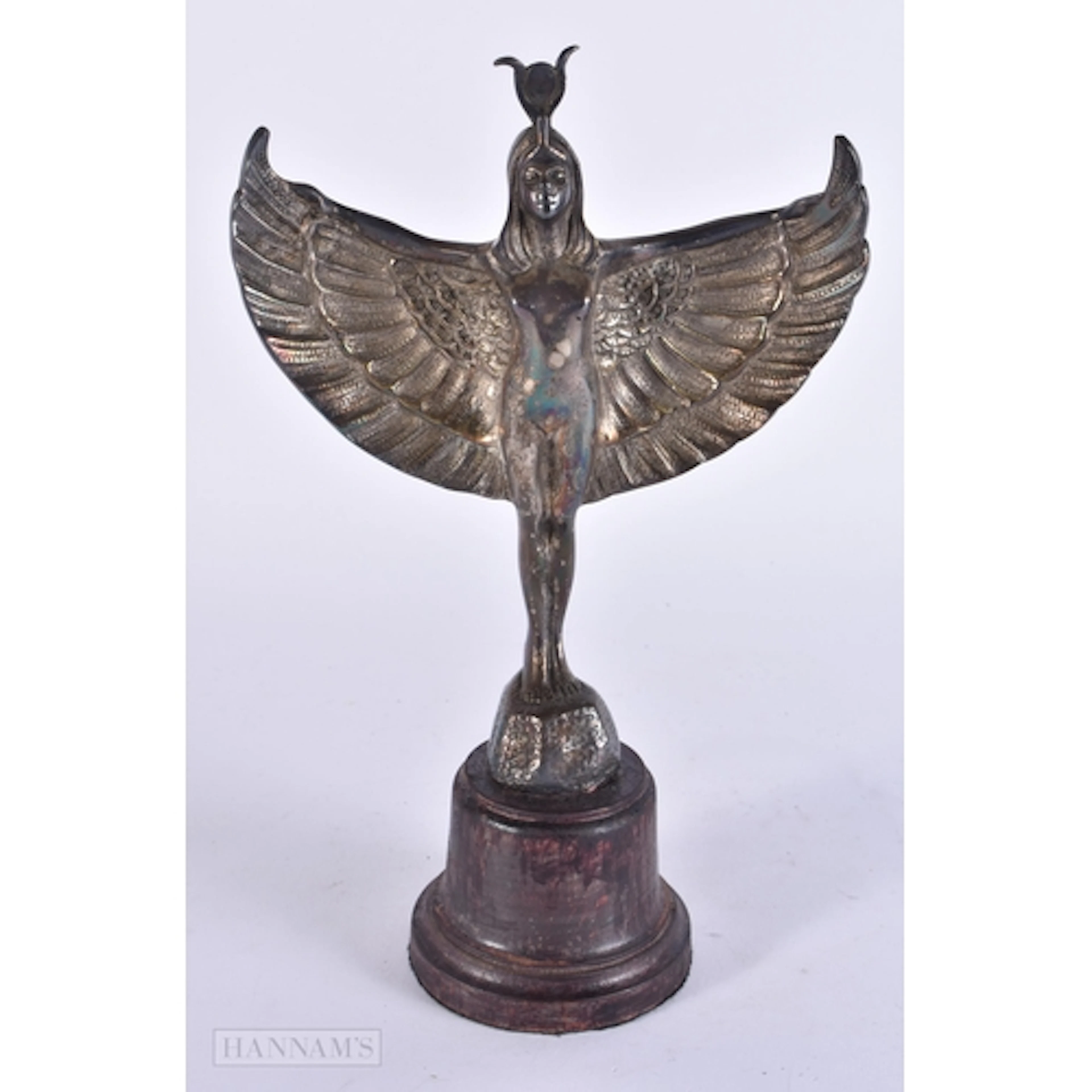 AN ASIS WINGED EGYPTIAN NYMPH CAR MASCOT. 24 cm x 12 cm.