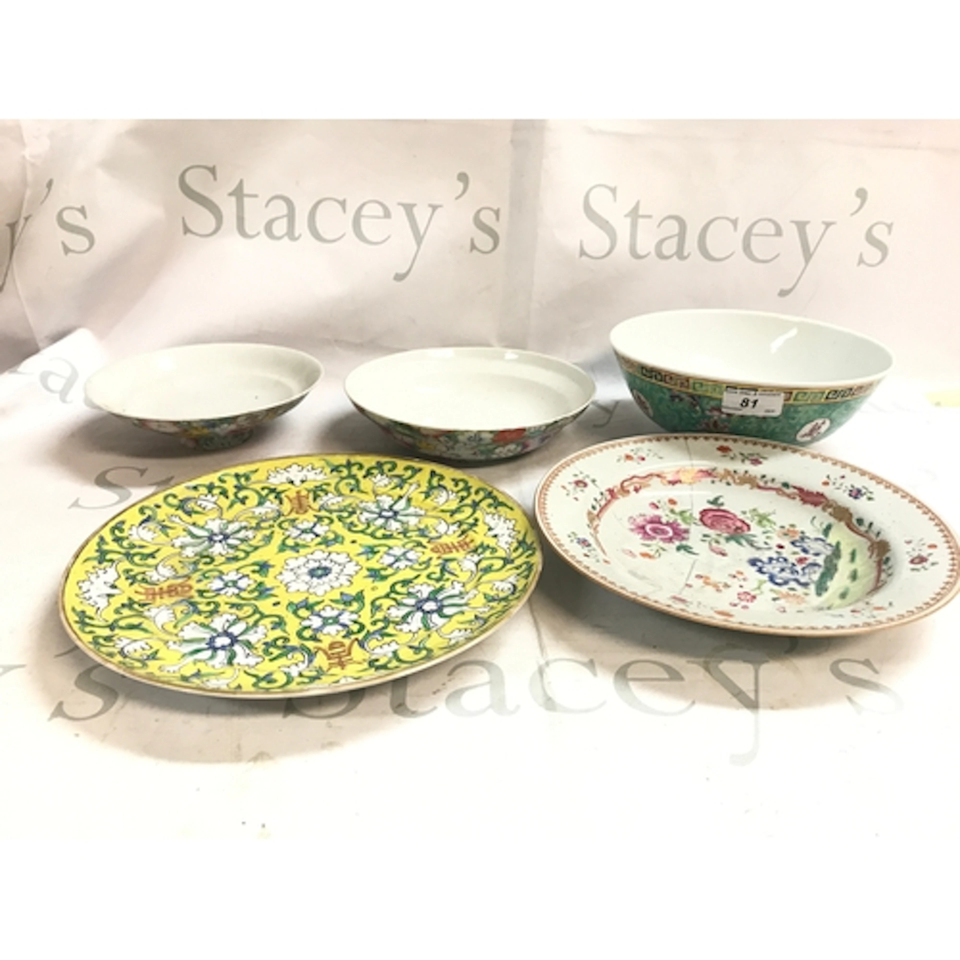 Chinese porcelain floral dishes. 18 to 25cm wide