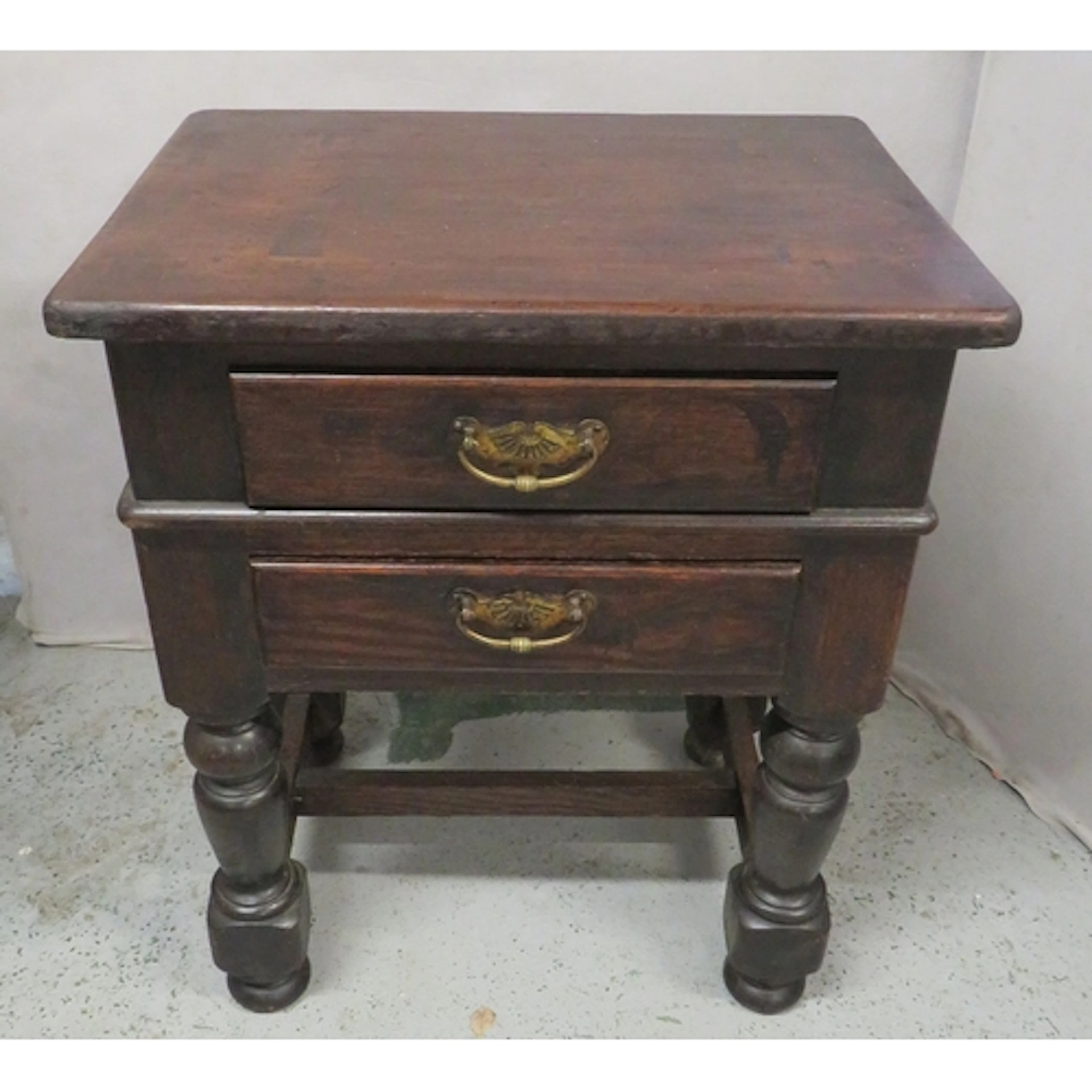 Small Antique Oak Side Table, 2 drawers, brass D-shaped hand...