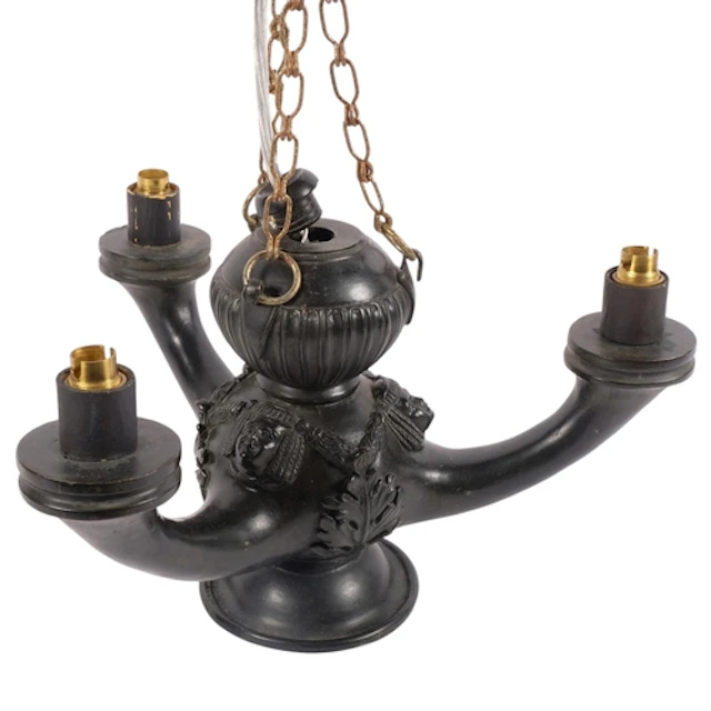 A large 3-branch cast-bronze Classical design hanging light,...
