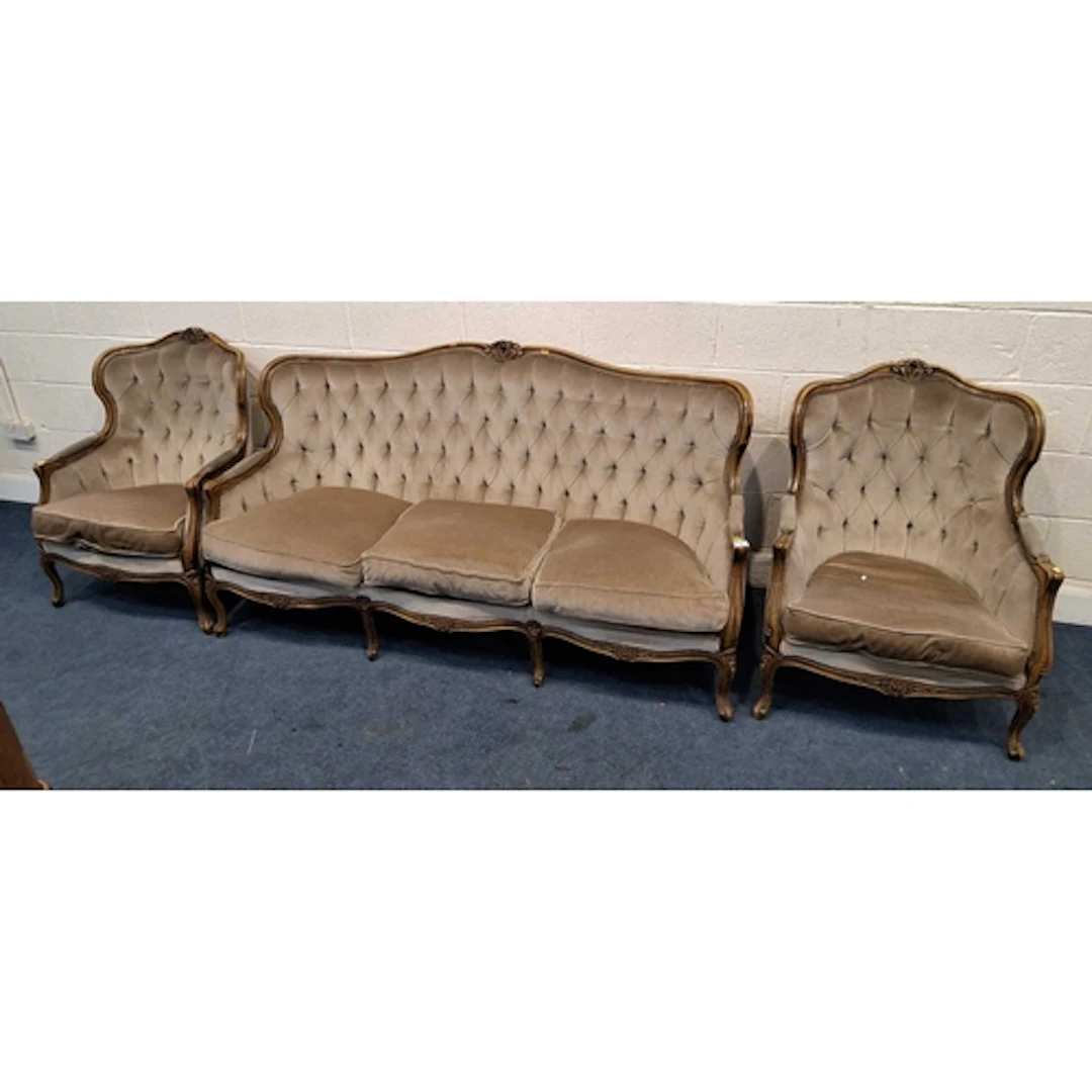 A FRENCH WOODEN FRAMED THREE PIECE LOUNGE SUITE, comprising ...