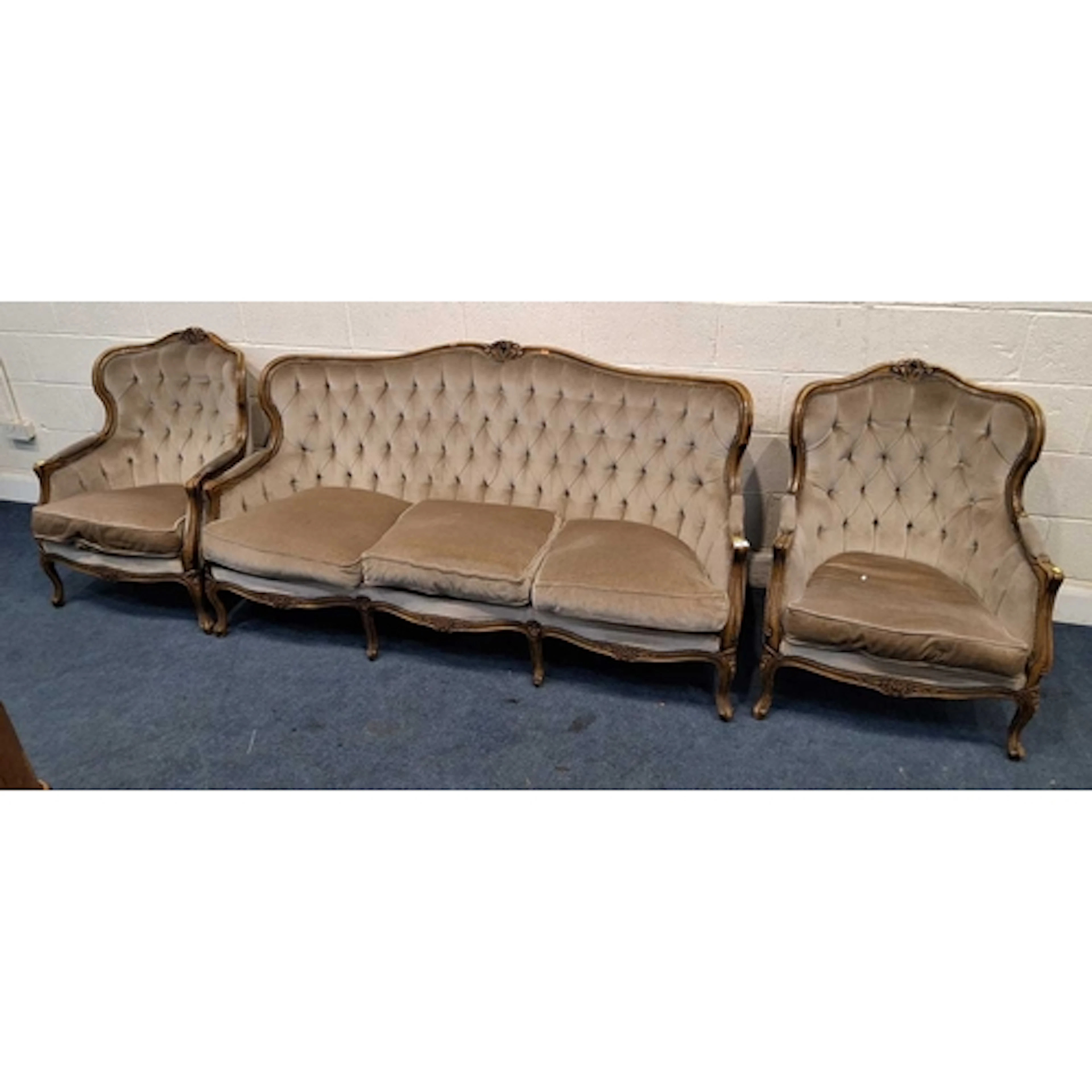 A FRENCH WOODEN FRAMED THREE PIECE LOUNGE SUITE, comprising ...