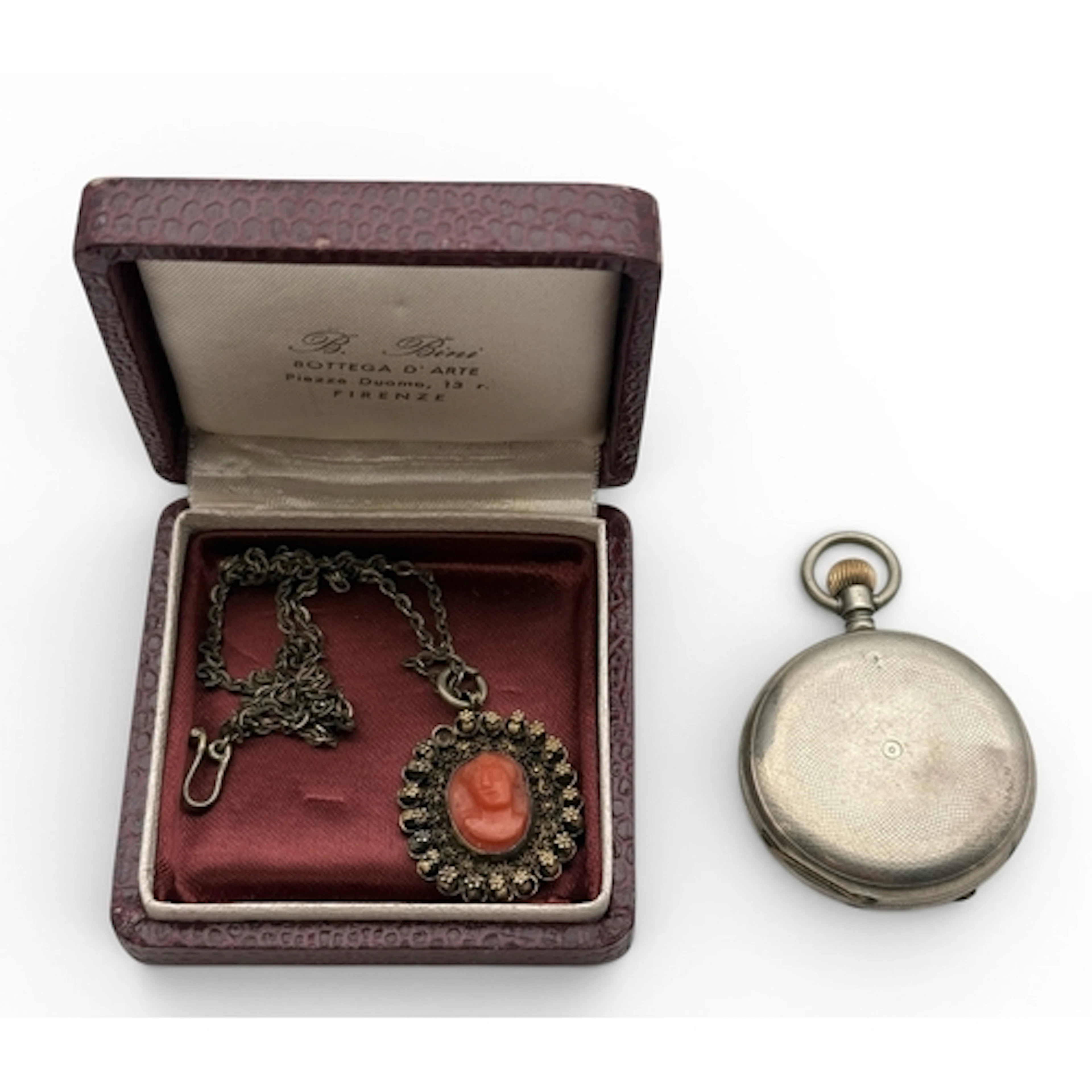 A SMALL SILVER POCKET WATCH TOGETHER WITH AN ITALIAN CARVED ...