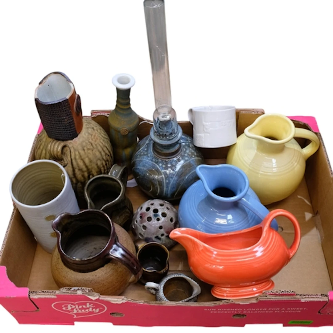 3 American Fiesta jugs, an oil lamp, studio pottery vases an...
