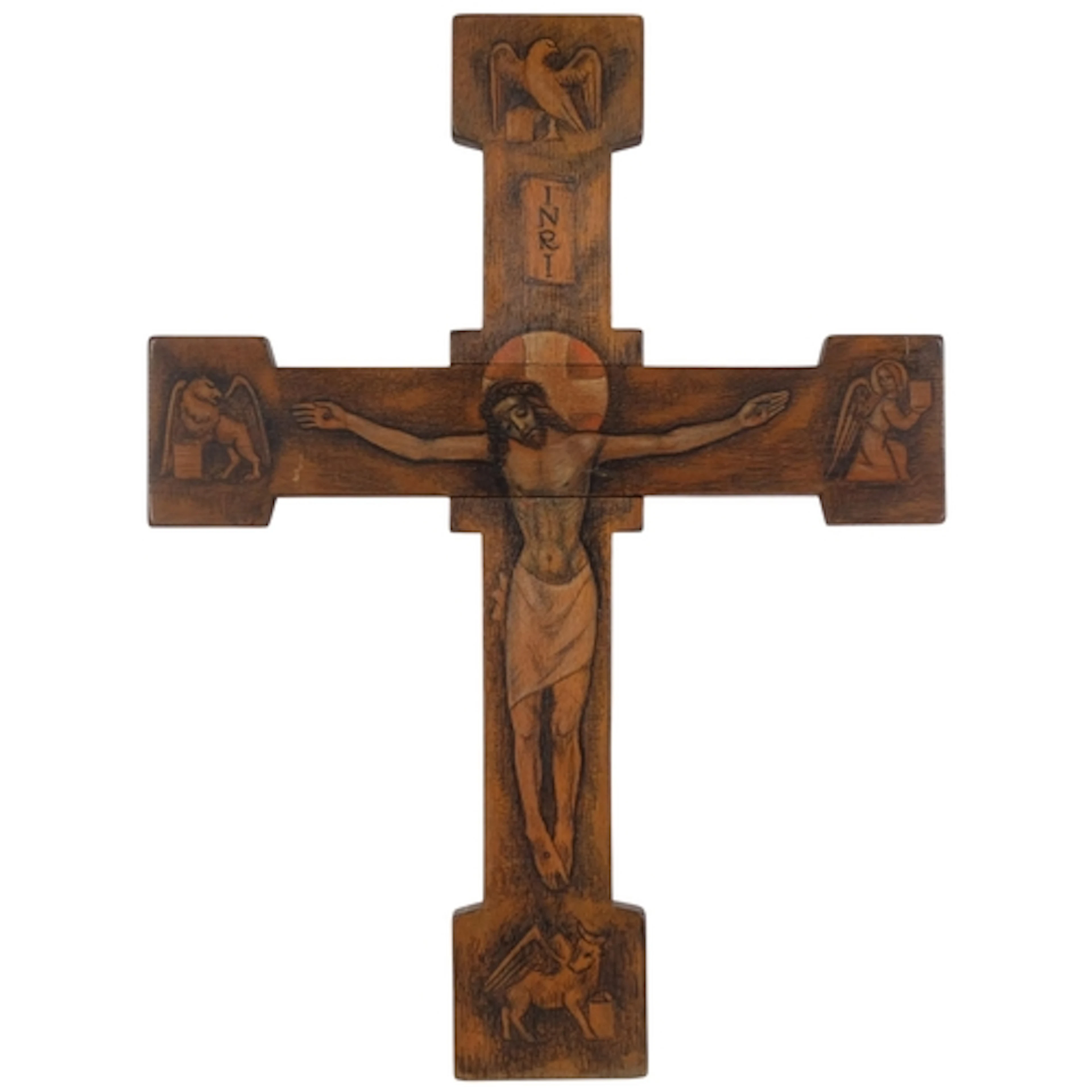 A Vintage oak crucifix with hand painted decoration, W48cm, ...