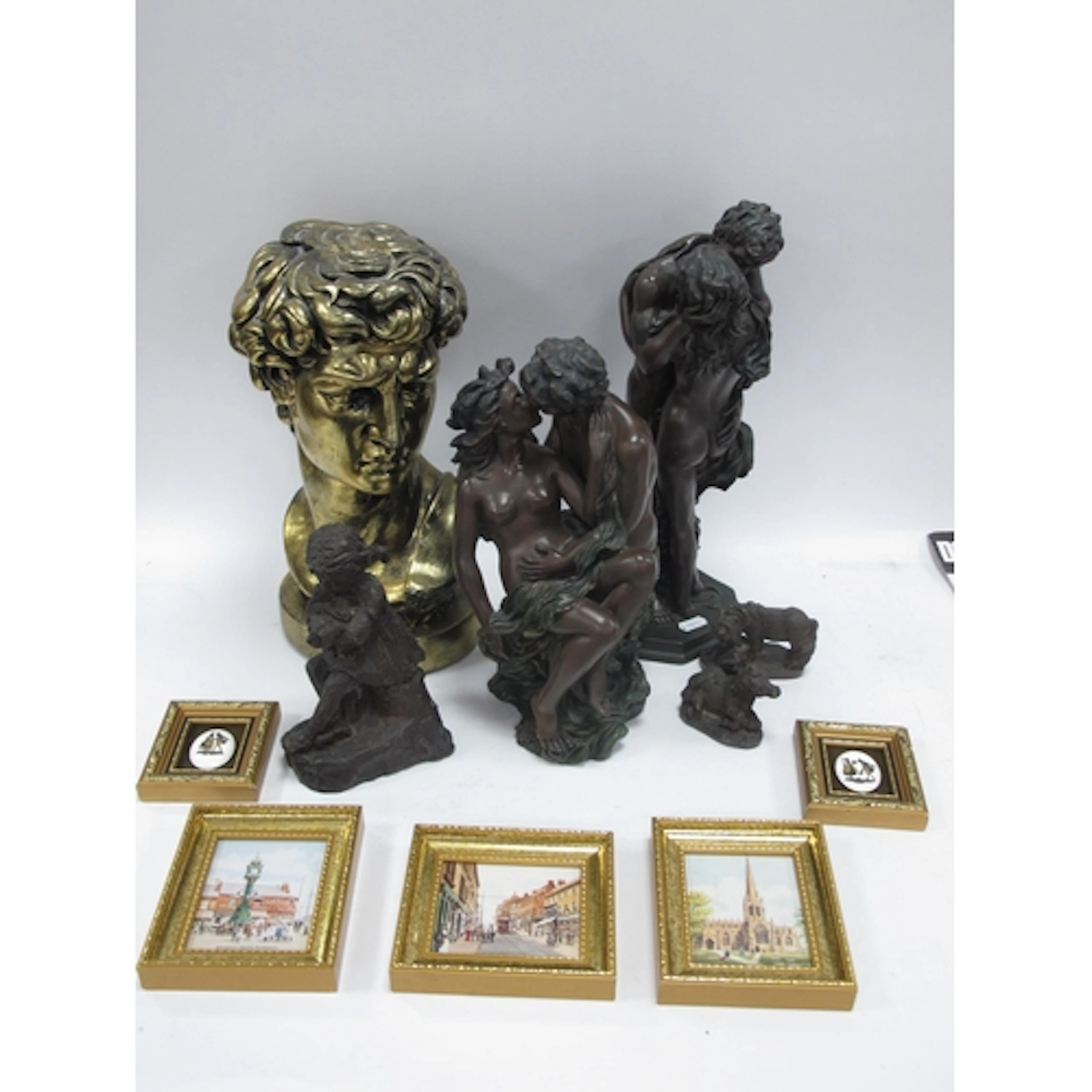 Sculptures and miniature pictures, including a bronze-effect...