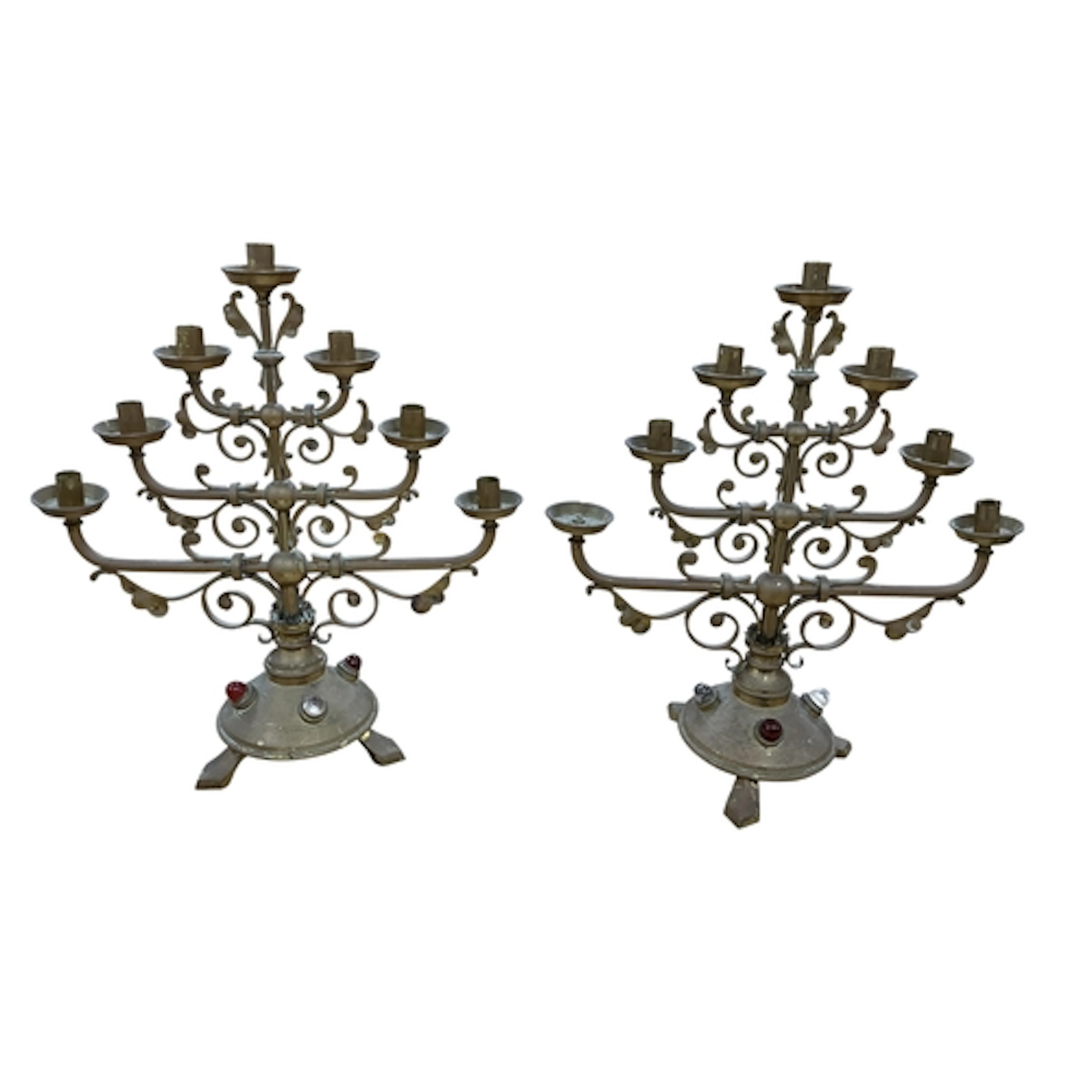 A pair of Victorian seven branch brass candelabra inset glas...