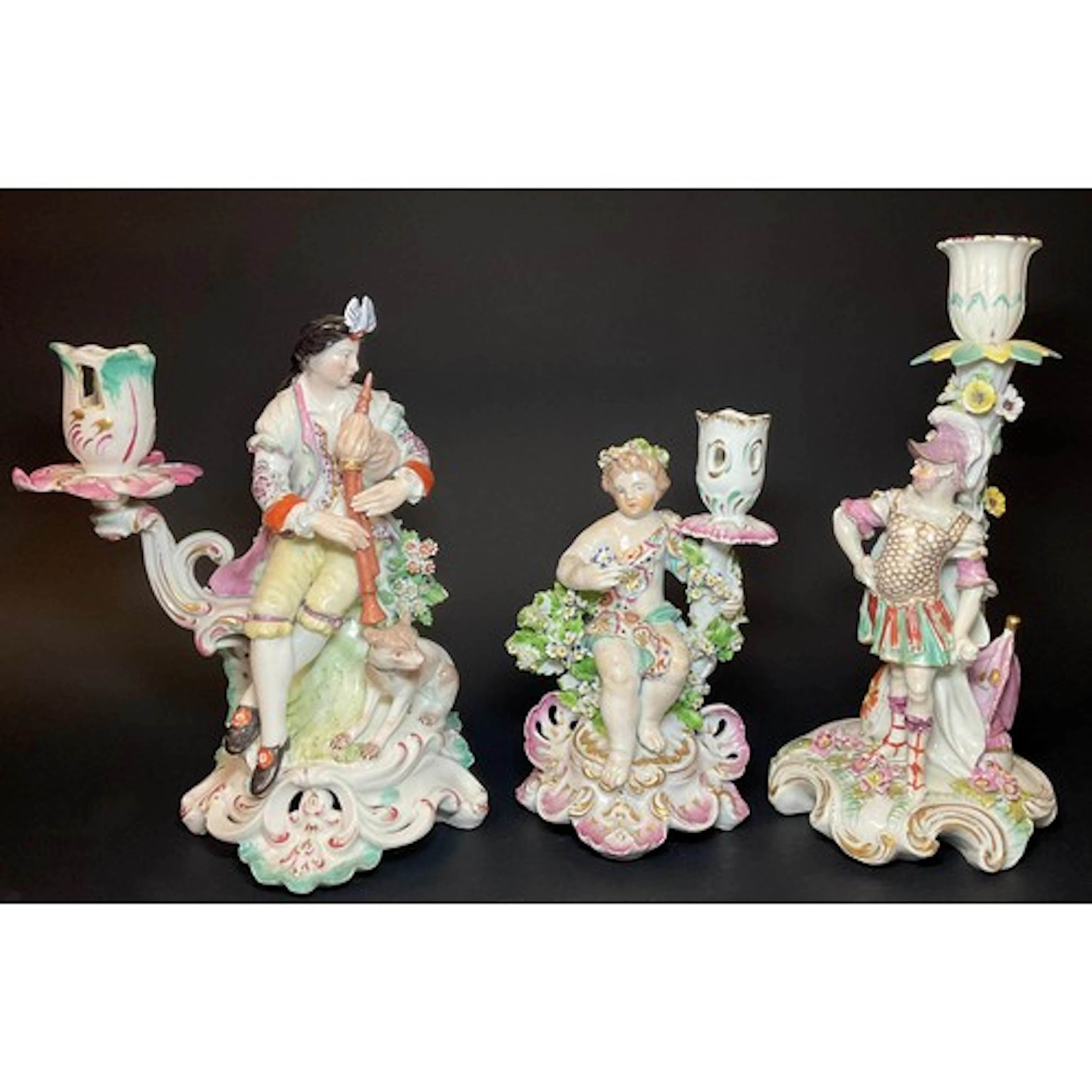 A Derby patch mark figural candlestick, Shepherd with Bagpip...