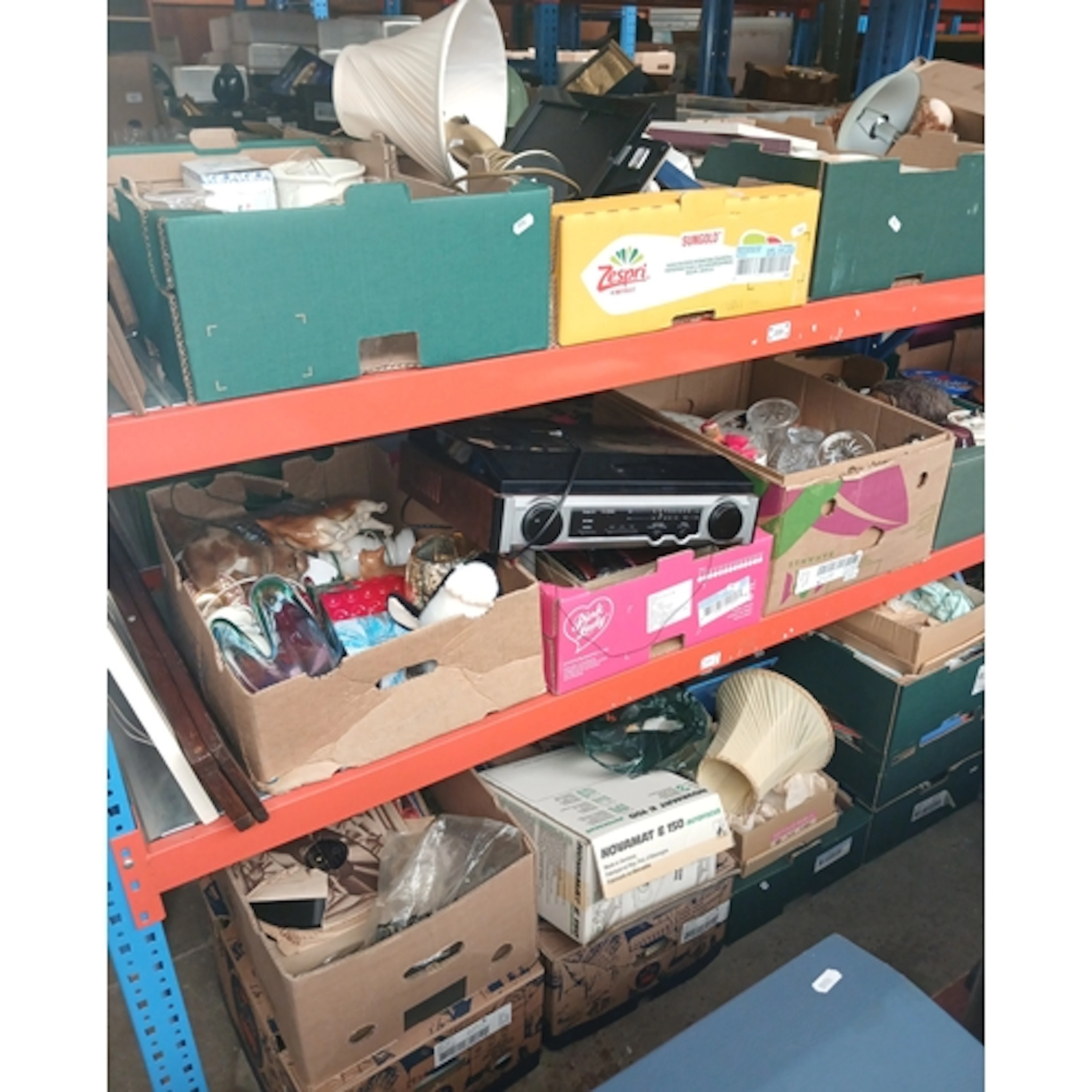 3 shelves (16 boxes) of mixed items to include ceramics, gla...
