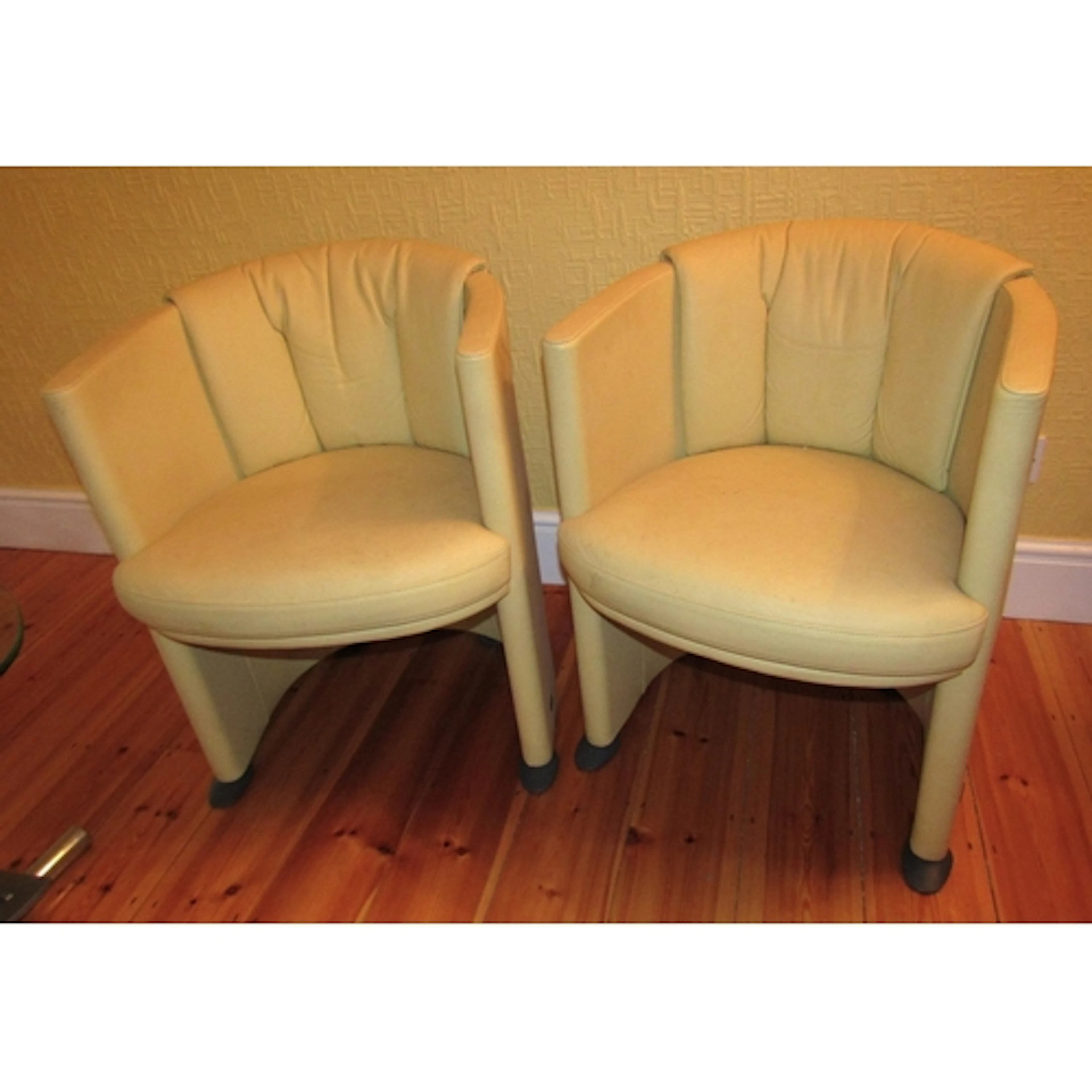 Pair of Modern Designer Cream Leather Upholstered Tub Armcha...