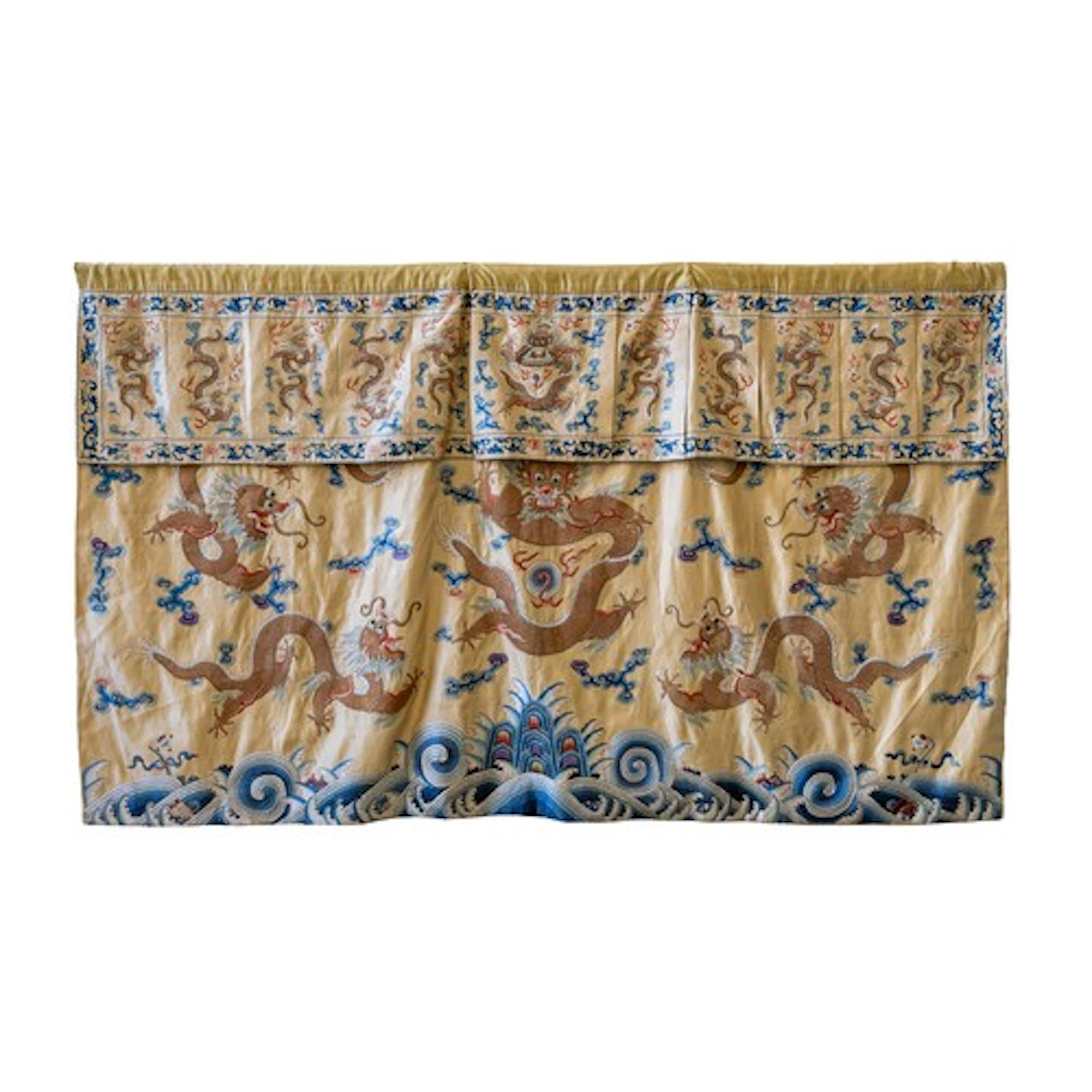 A YELLOW-GROUND EMBROIDERED SILK 'DRAGON' ALTAR FRONTAL QING...