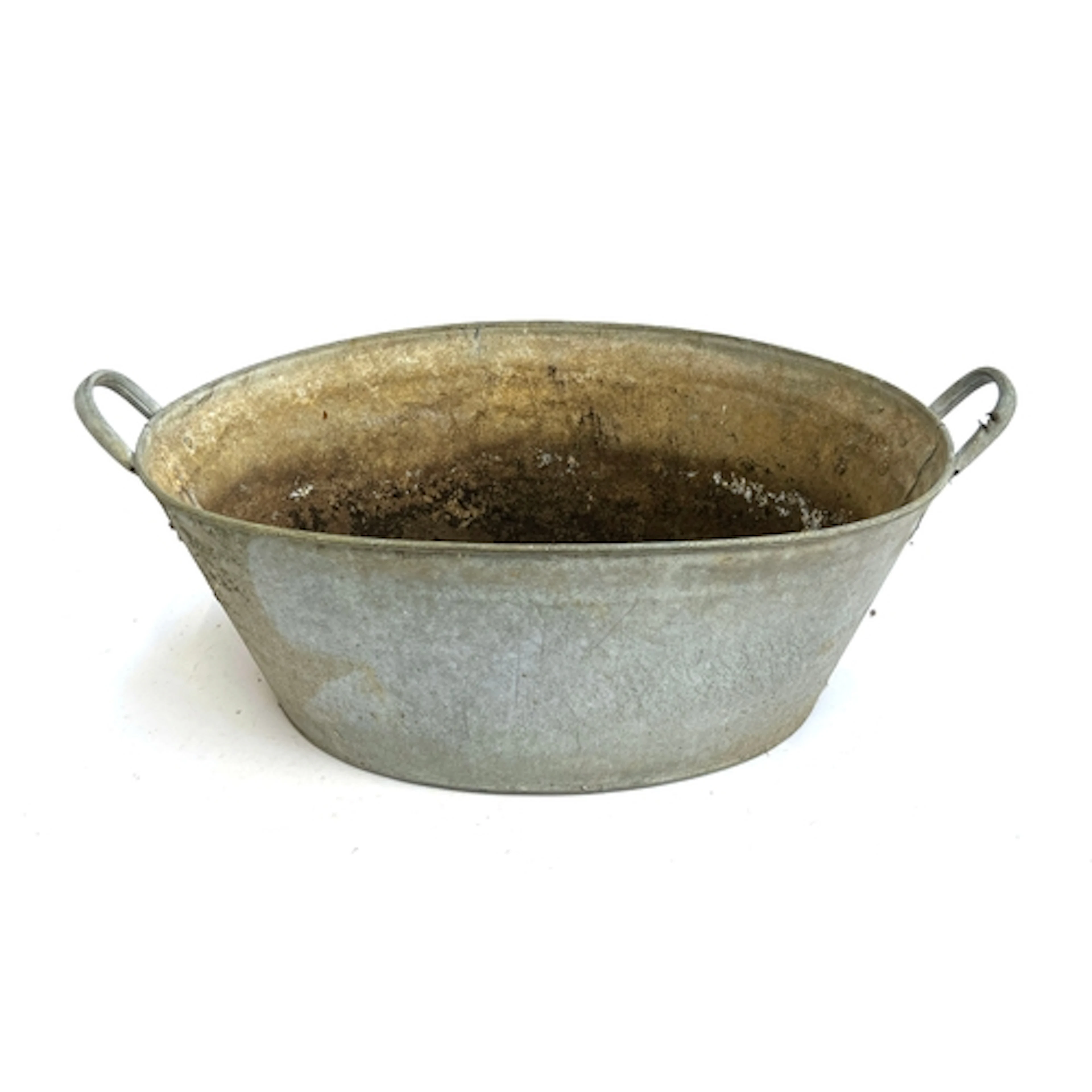 A twin handled galvanised tub with drilled holes, 72cmW