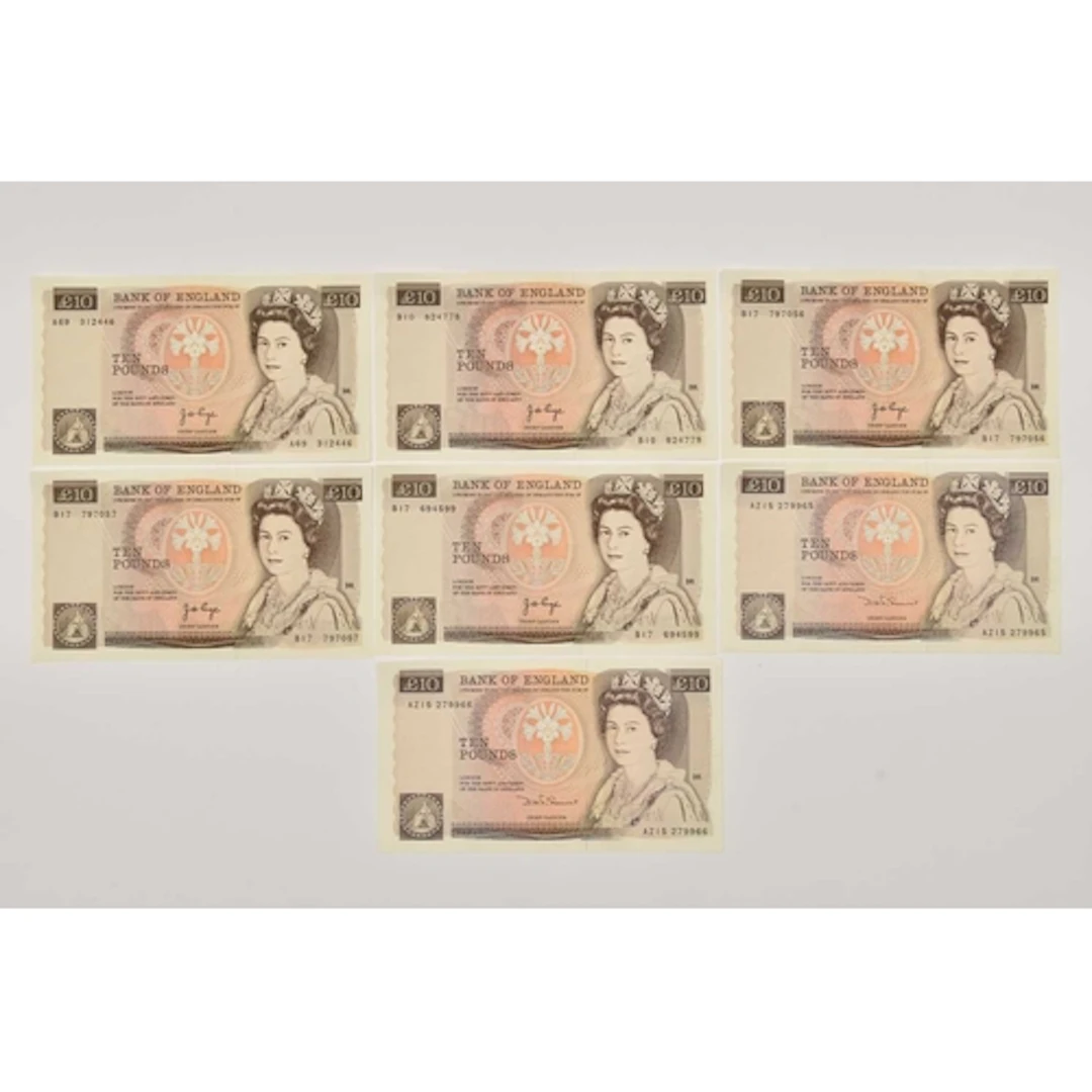 Banknotes. 7 x Ten Pound Notes, 5 x Page 1975 1 x prefix A69...