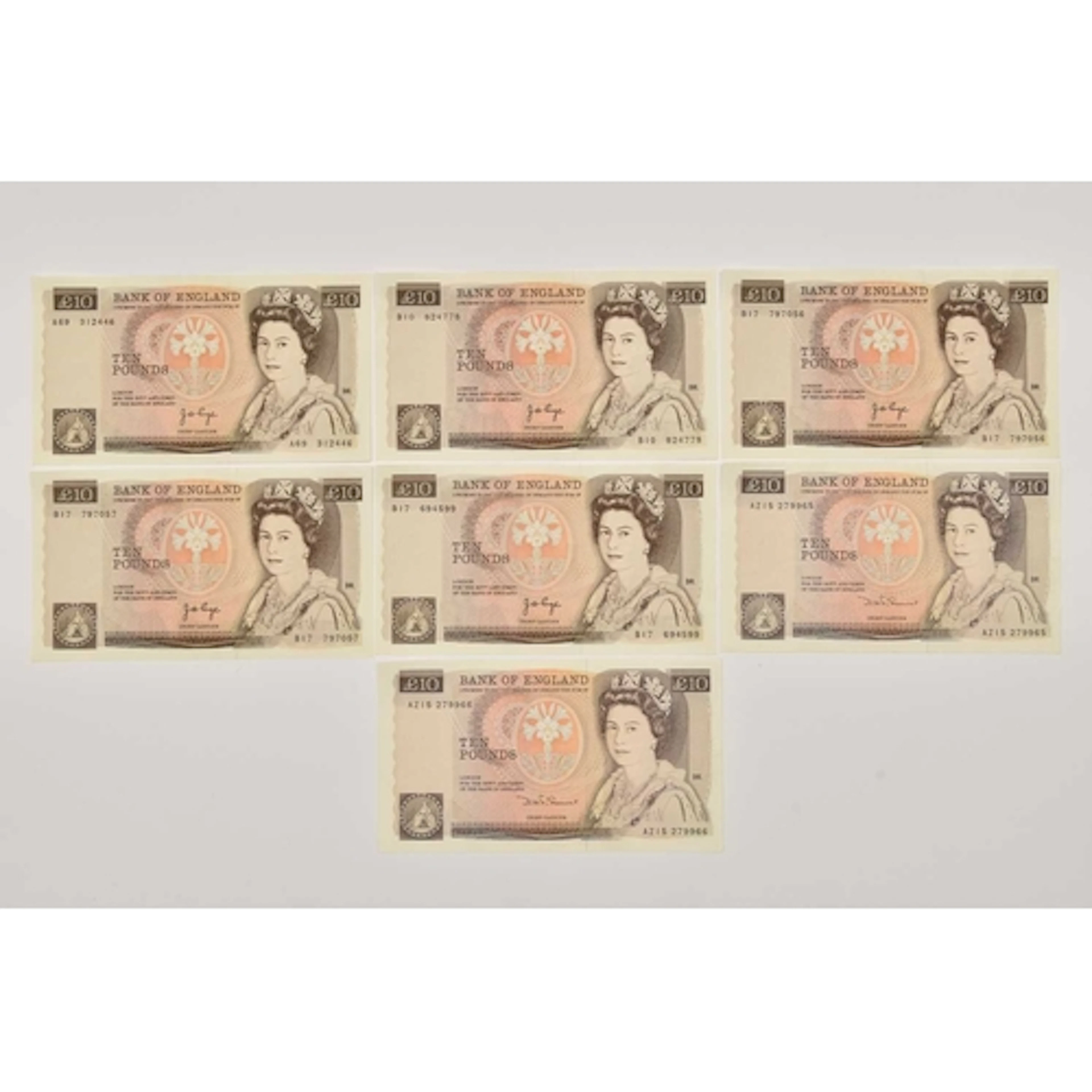 Banknotes. 7 x Ten Pound Notes, 5 x Page 1975 1 x prefix A69...