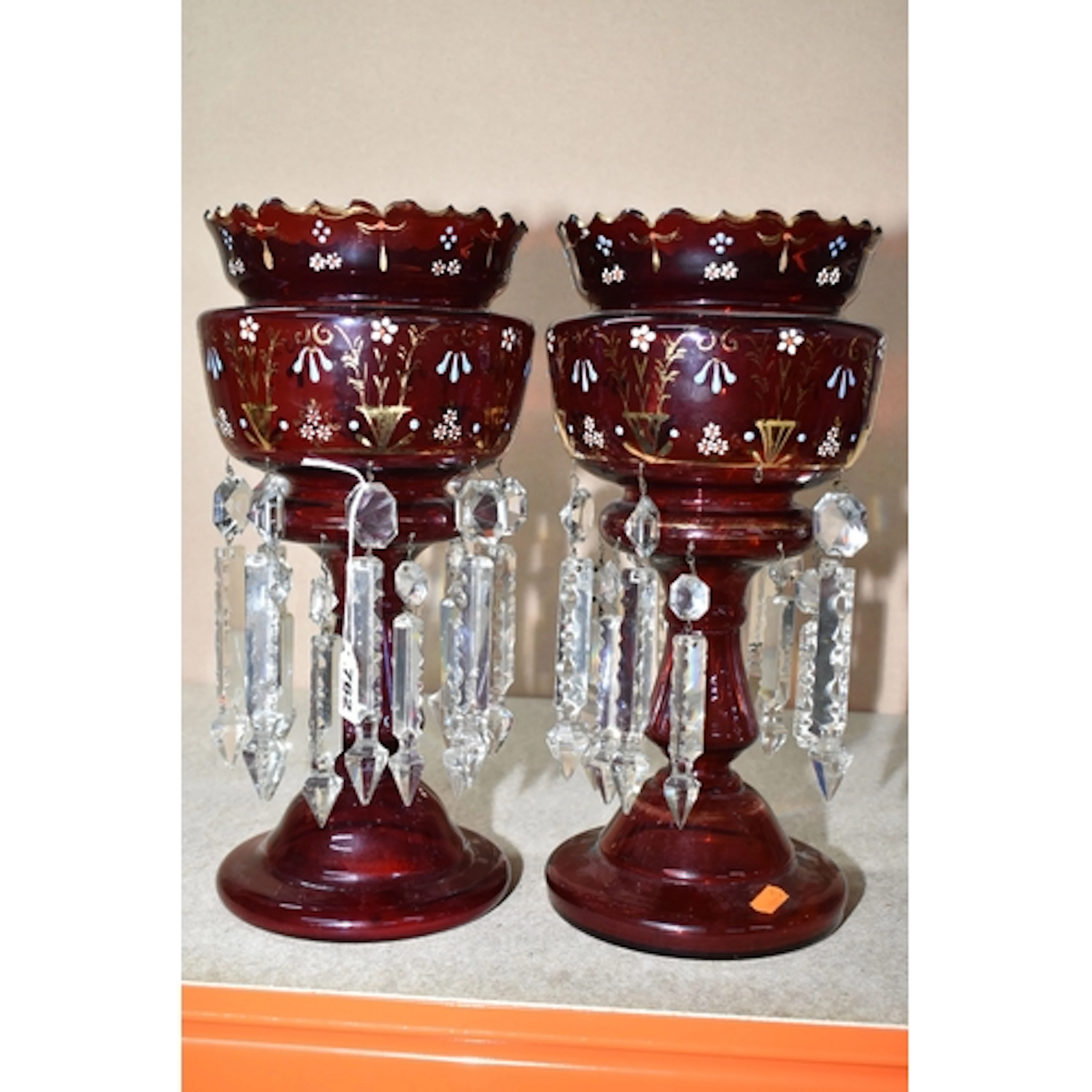 A PAIR OF BOHEMIAN STYLE VICTORIAN RUBY GLASS LUSTRES with h...