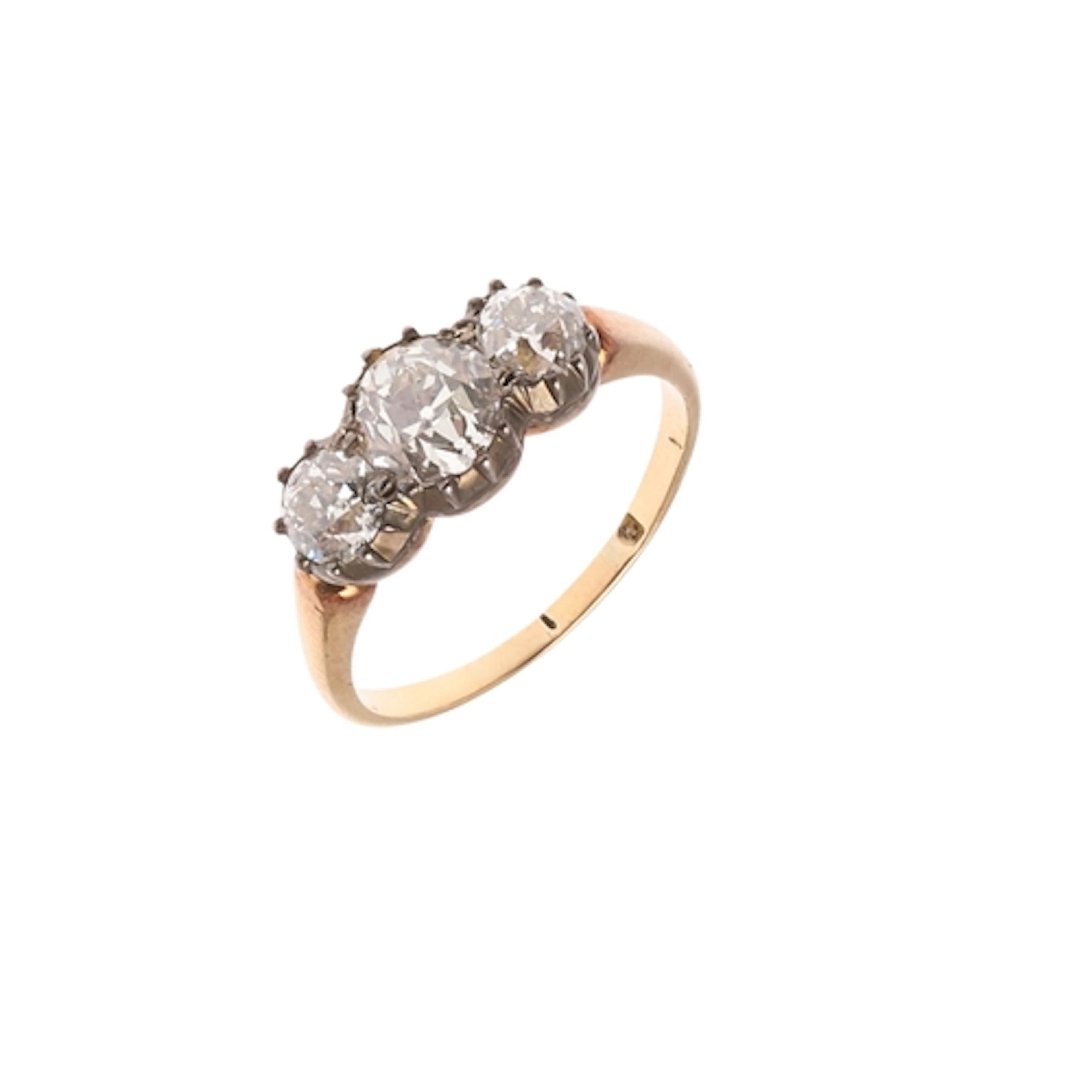 A VICTORIAN DIAMOND THREE STONE RING. mounted three graduate...