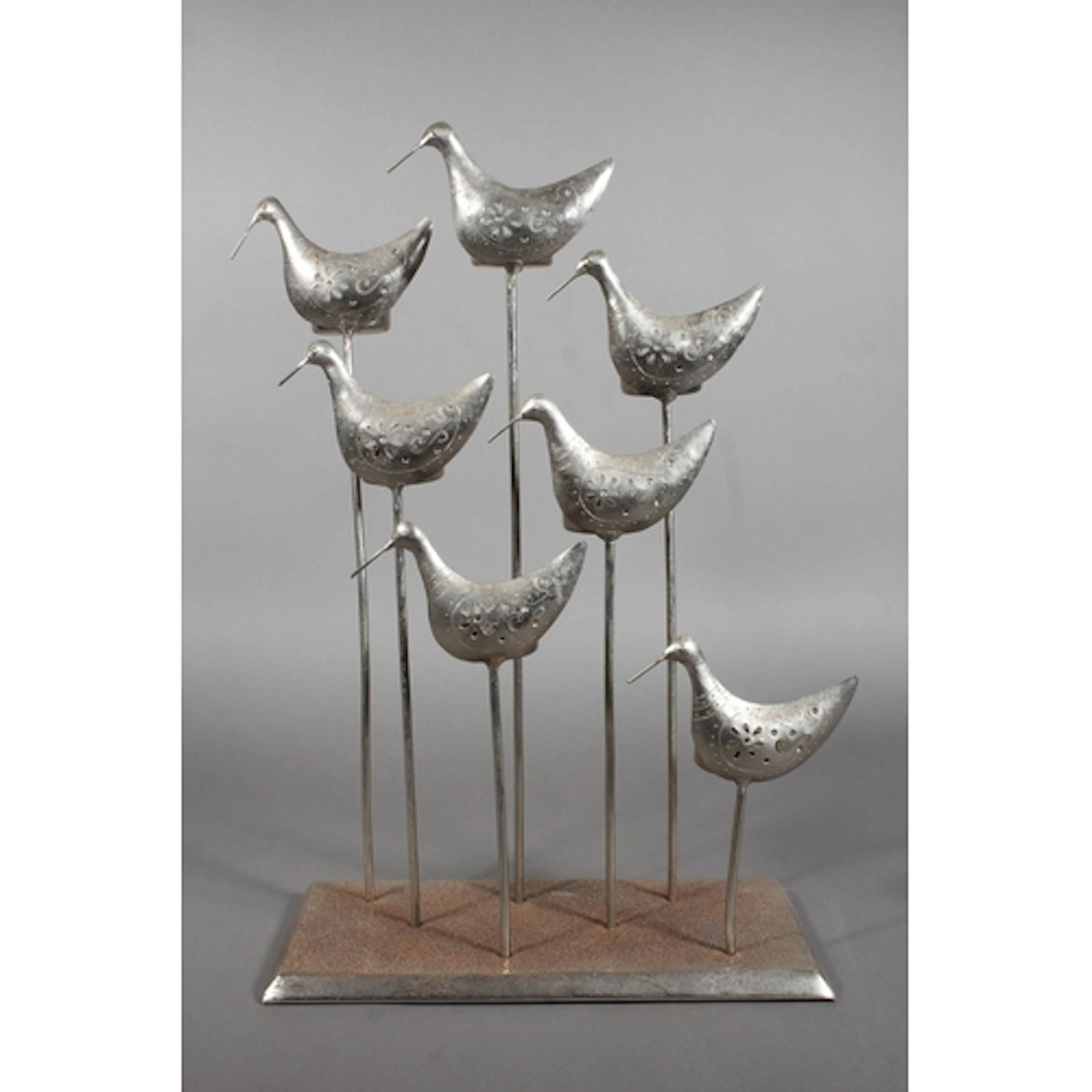 Modernist metal art candleholder sculpture with seven bird d...