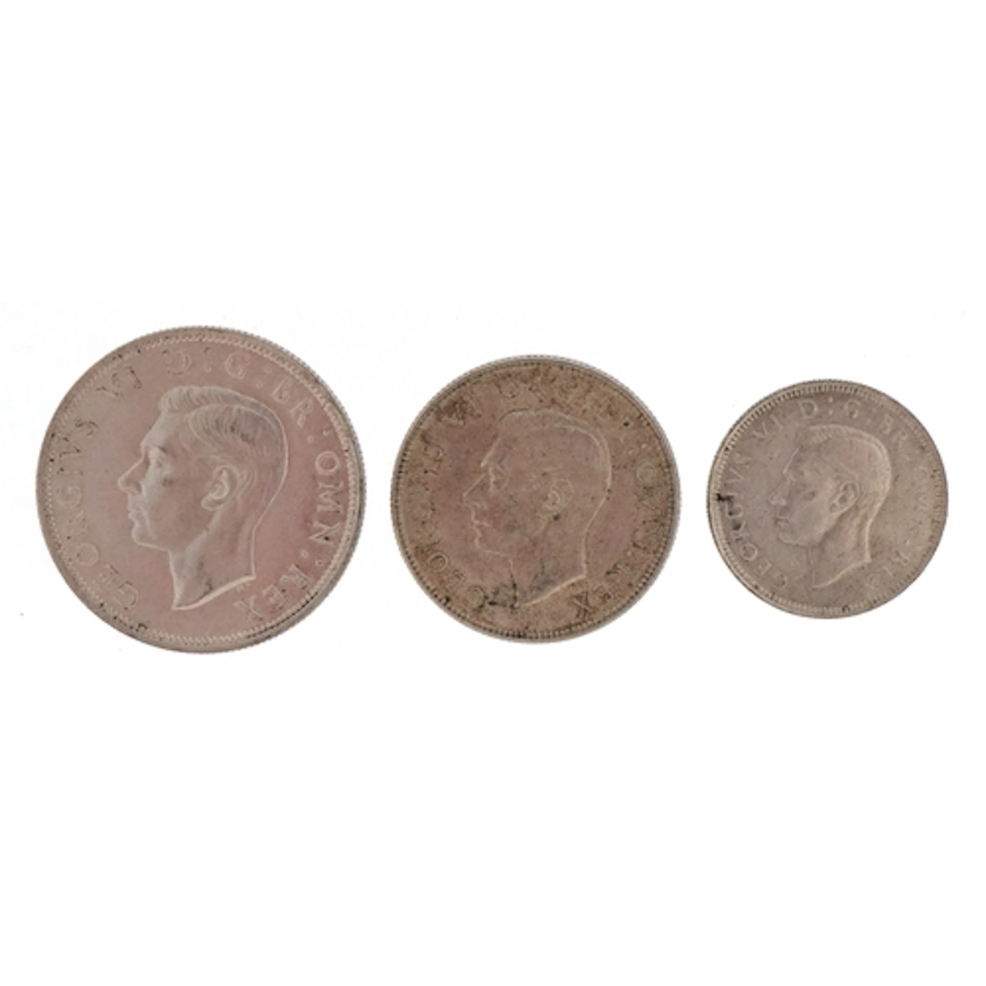 Three British silver coins comprising 1942 half crown, 1942 ...