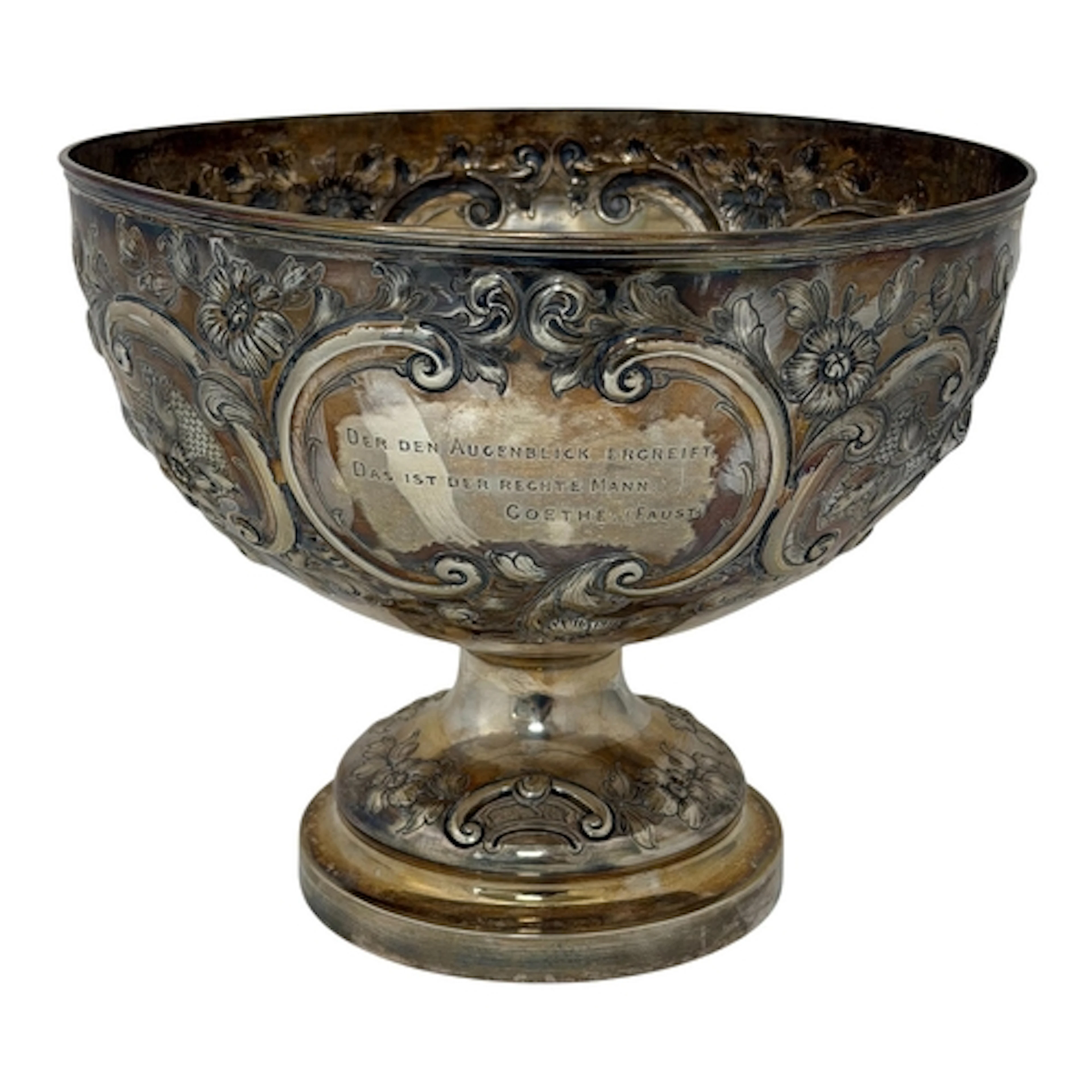 A LARGE SILVER ROSE BOWL. with repouse foliate and scroll de...