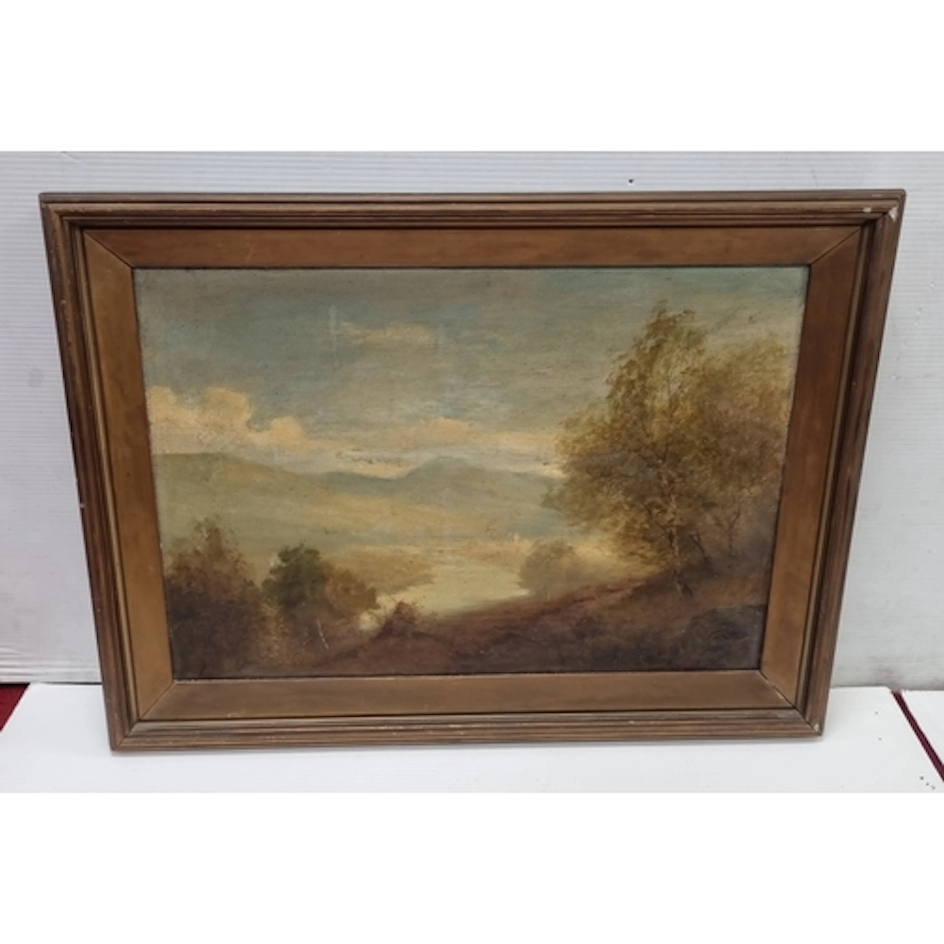 Oil on Canvas landscape painting depicting a misty river val...