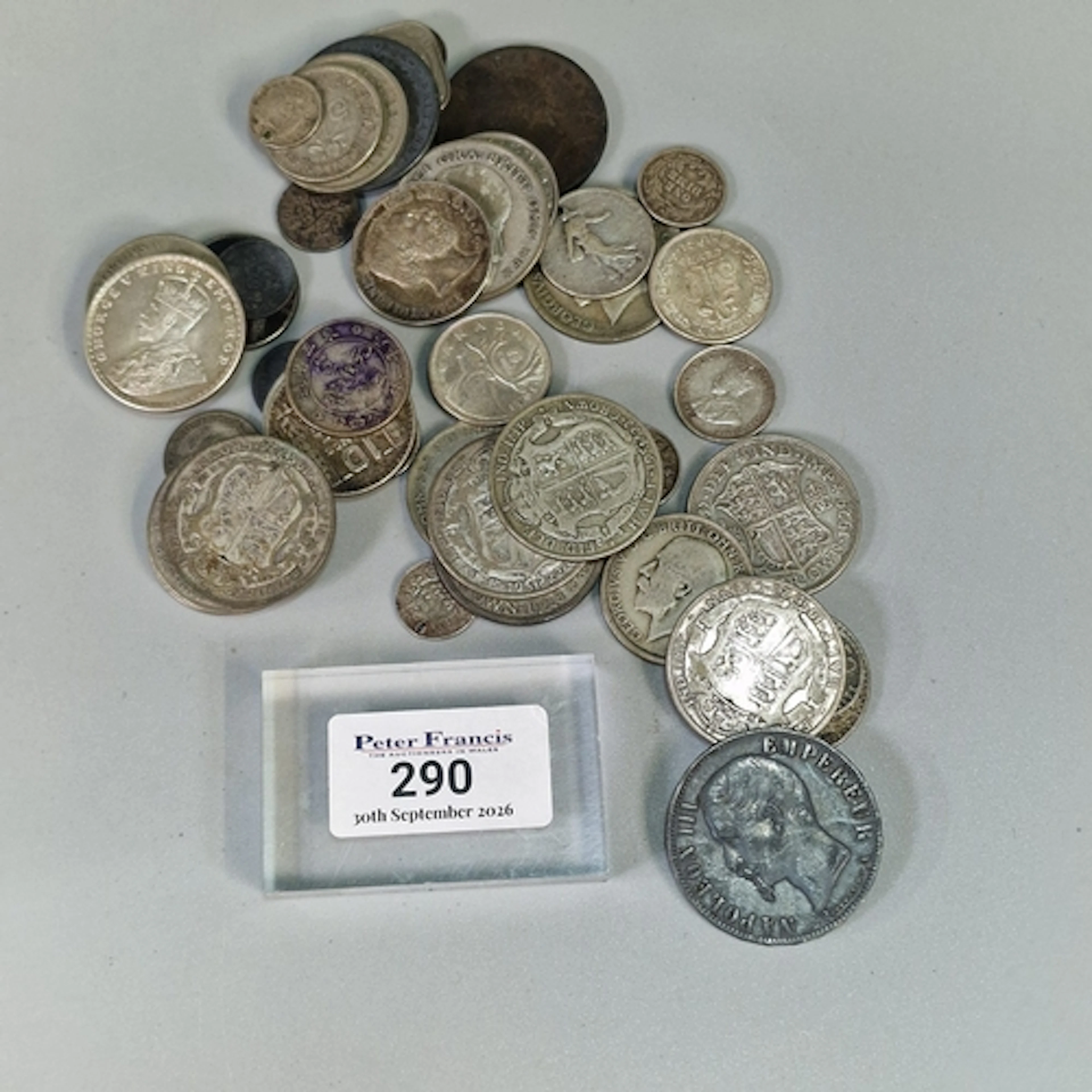 Tub of silver GB and foreign coins including: ten francs, 18...