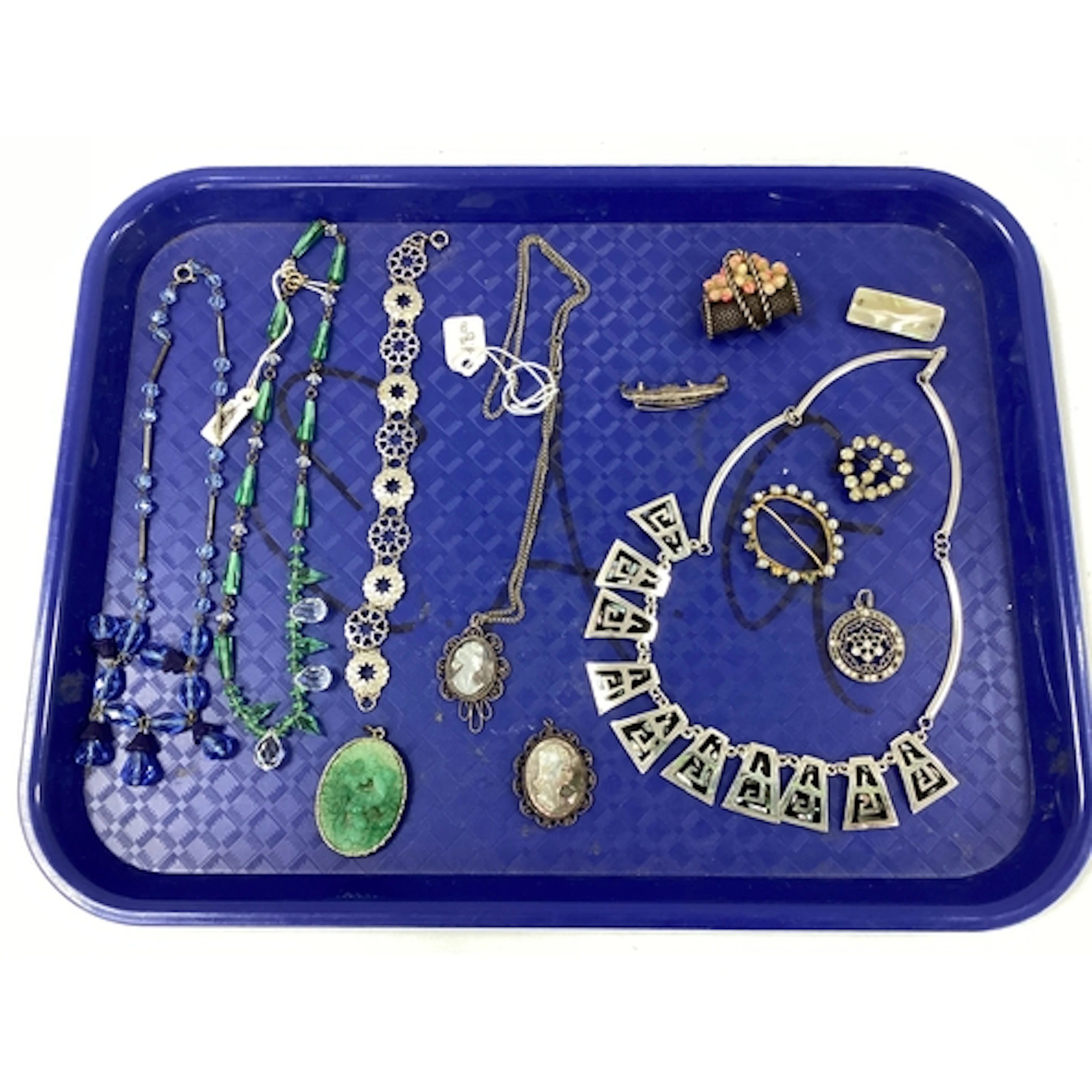 A Shell Inset Greek Key Style Necklace, each panel to chain ...