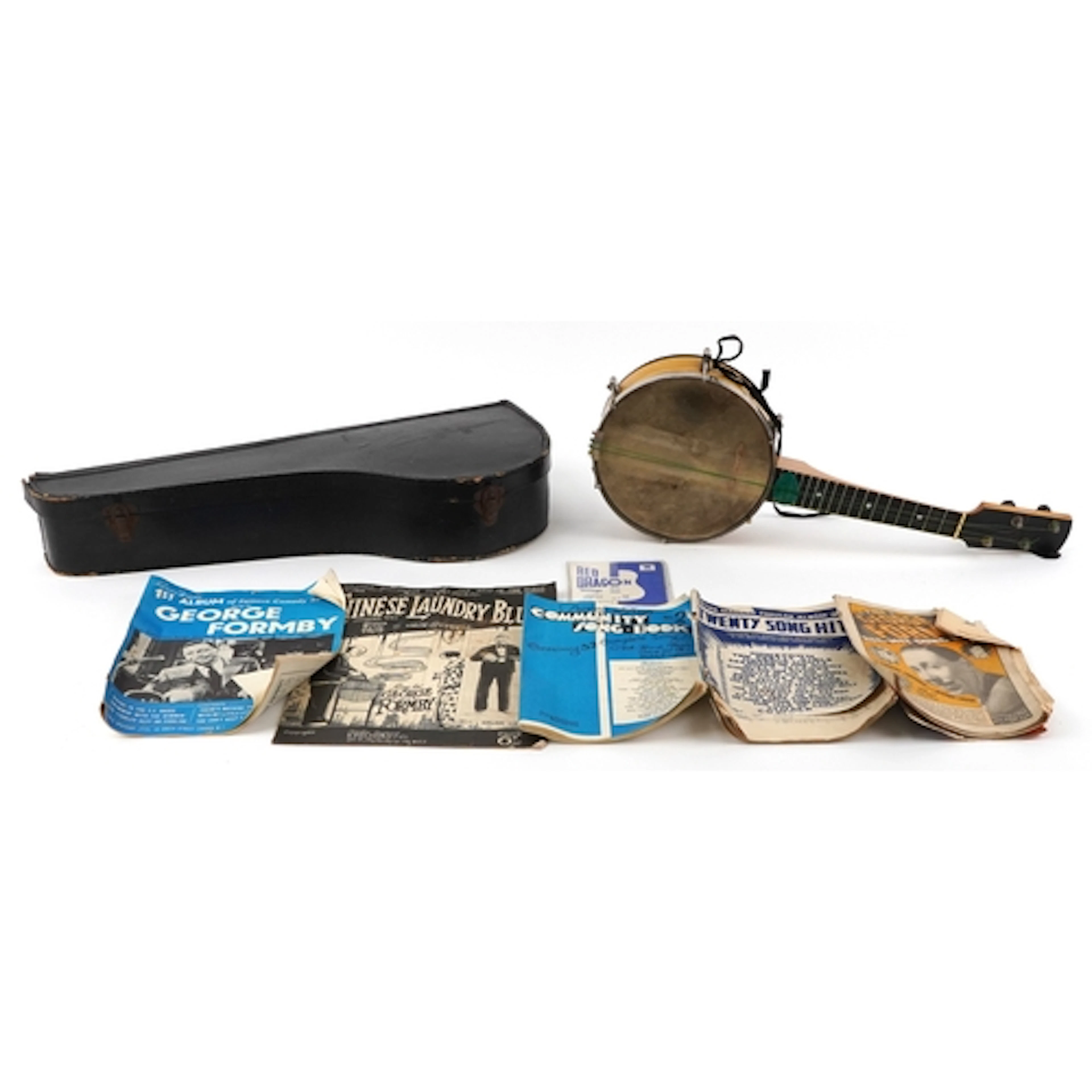Vintage ukulele with protective case and sheet music, 55cm i...